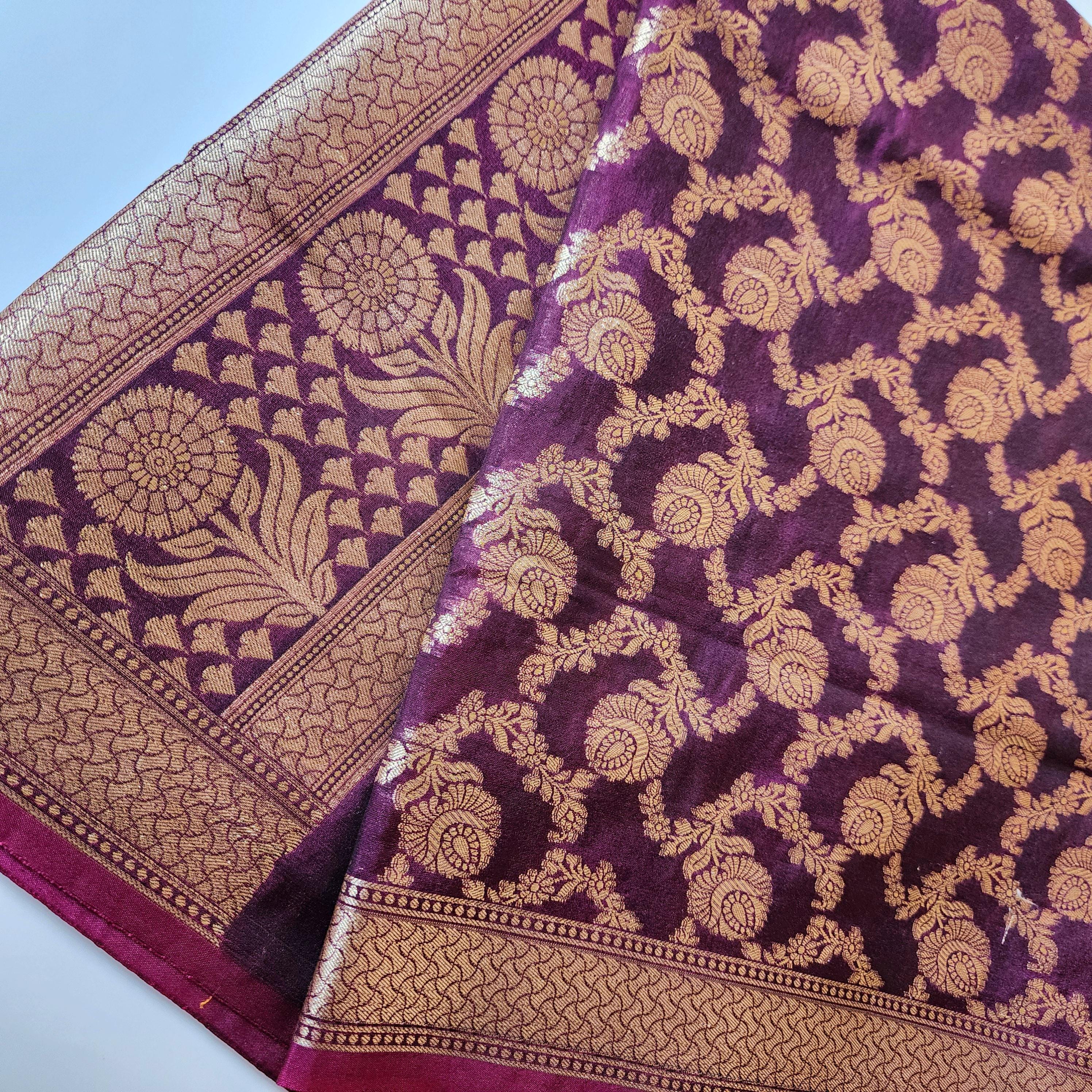 Wine Banarasi Dupatta Gold Floral Brocade, Purple Evening Look