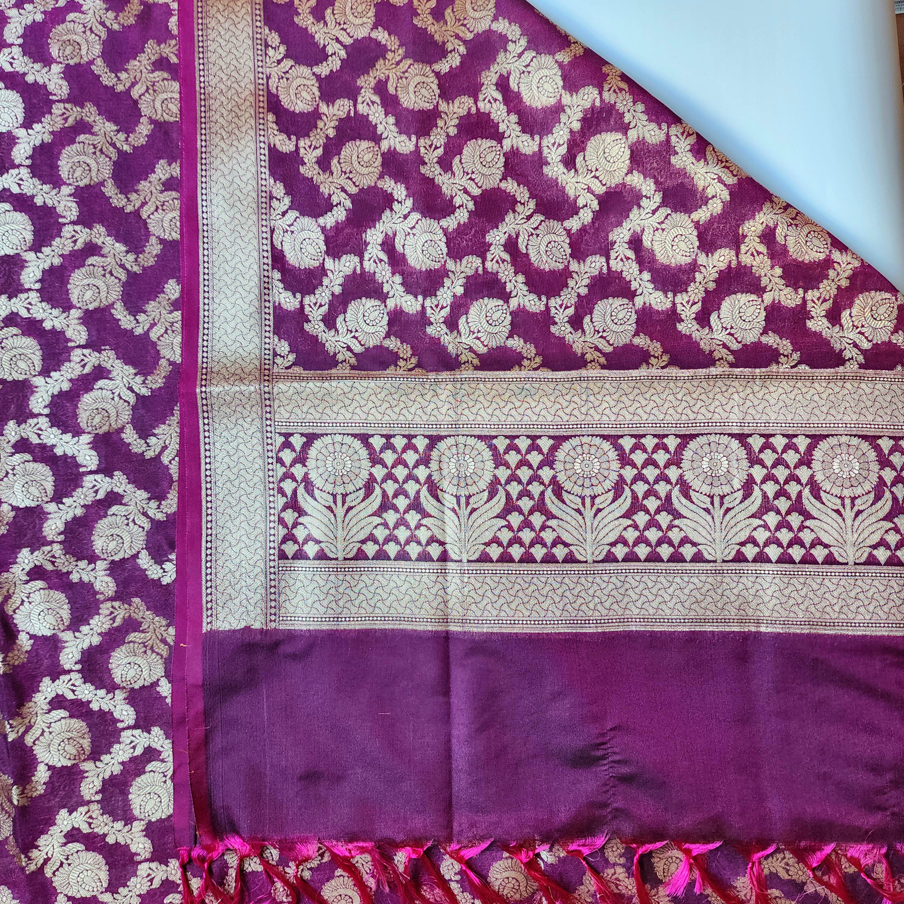 Wine Banarasi Dupatta Gold Floral Brocade, Purple Evening Look