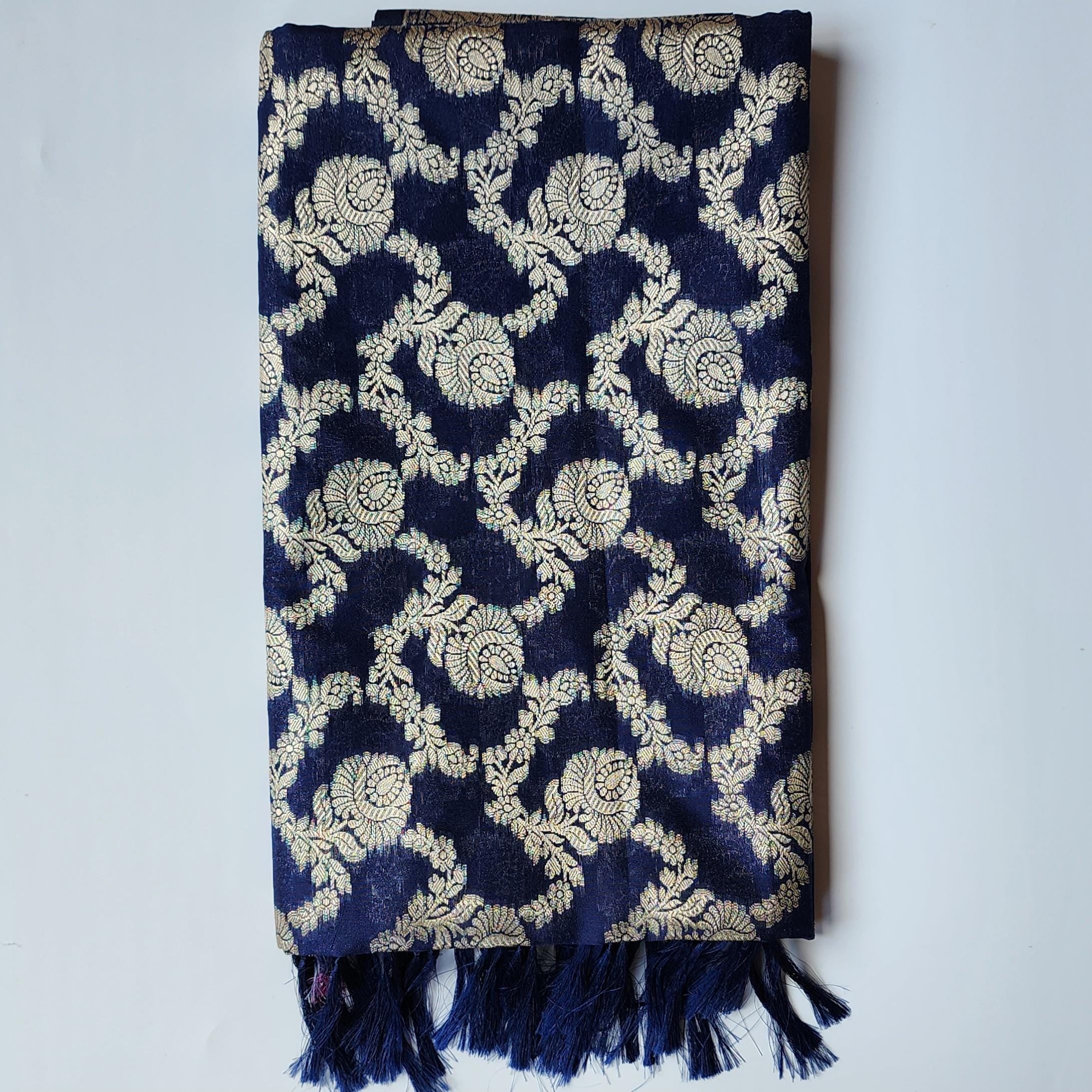 Navy Blue Banarasi Dupatta Golden Floral Zari, Royal Heritage Look