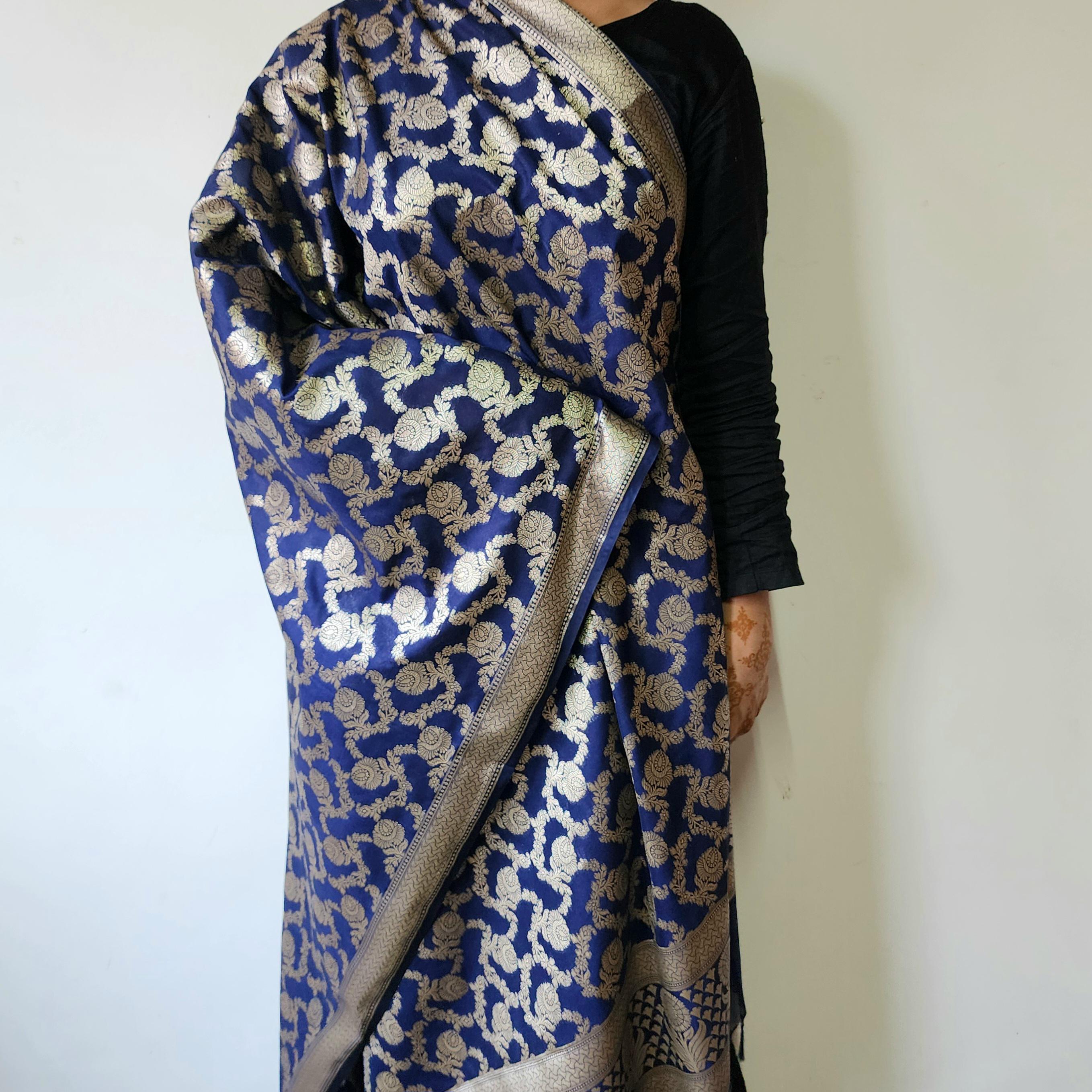 Navy Blue Banarasi Dupatta Golden Floral Zari, Royal Heritage Look