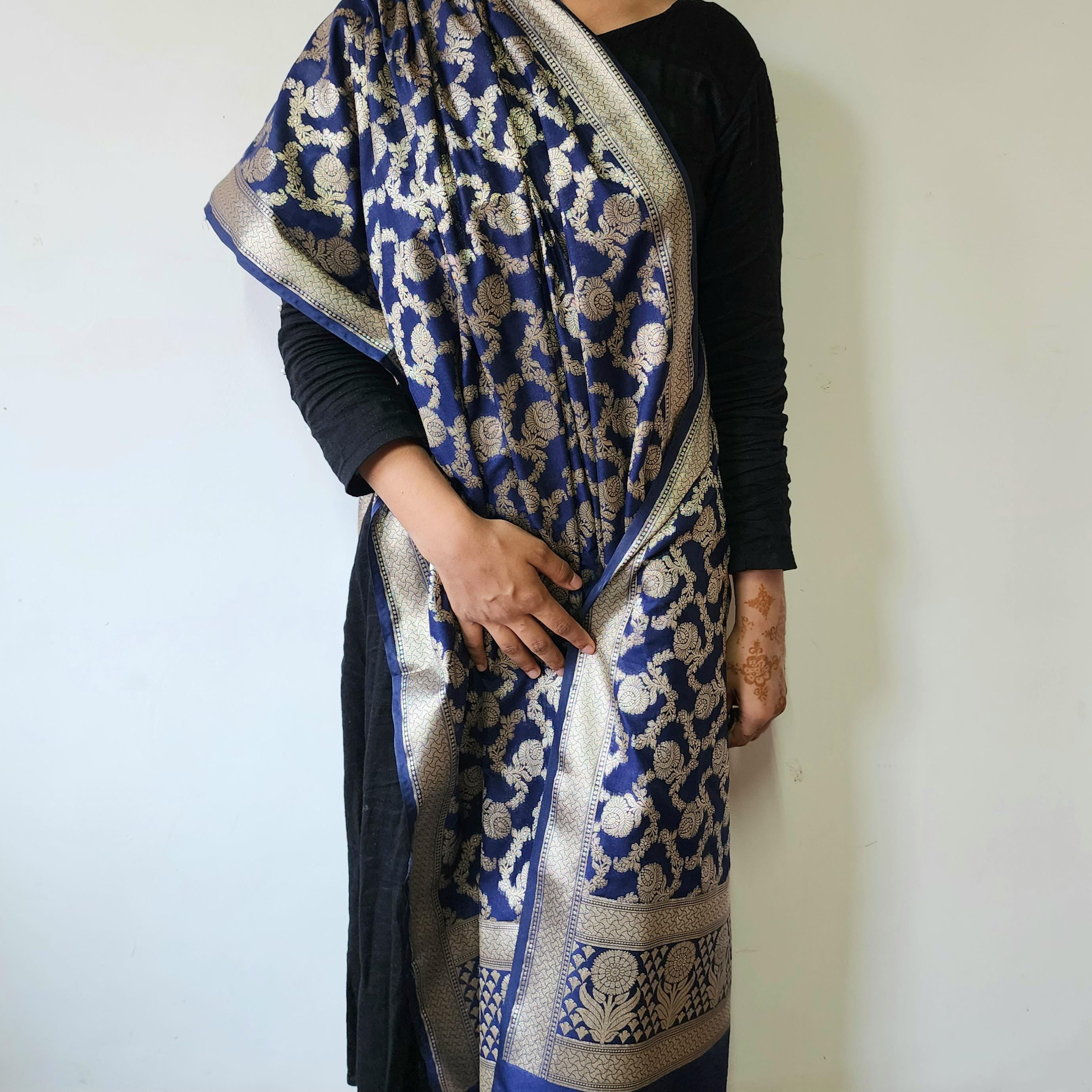 Navy Blue Banarasi Dupatta Golden Floral Zari, Royal Heritage Look