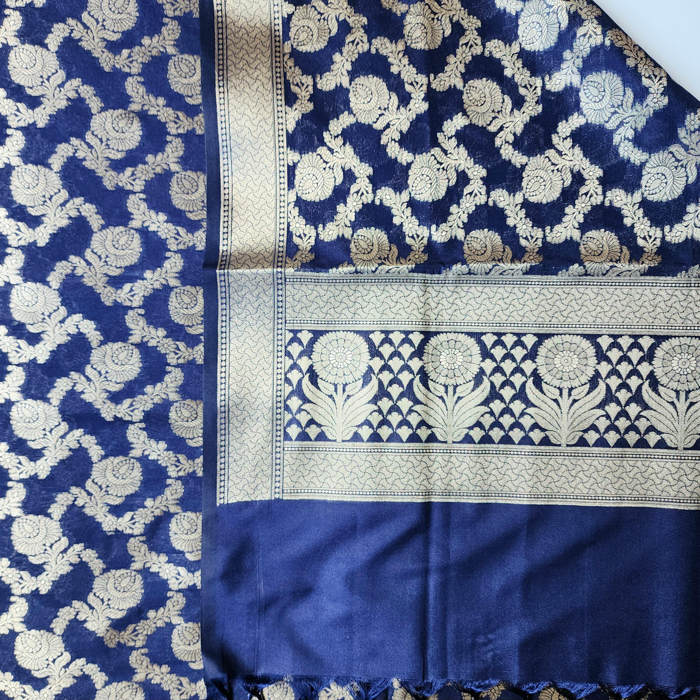 Navy Blue Floral Jaal Dupatta with Mughal-Inspired Zari Border