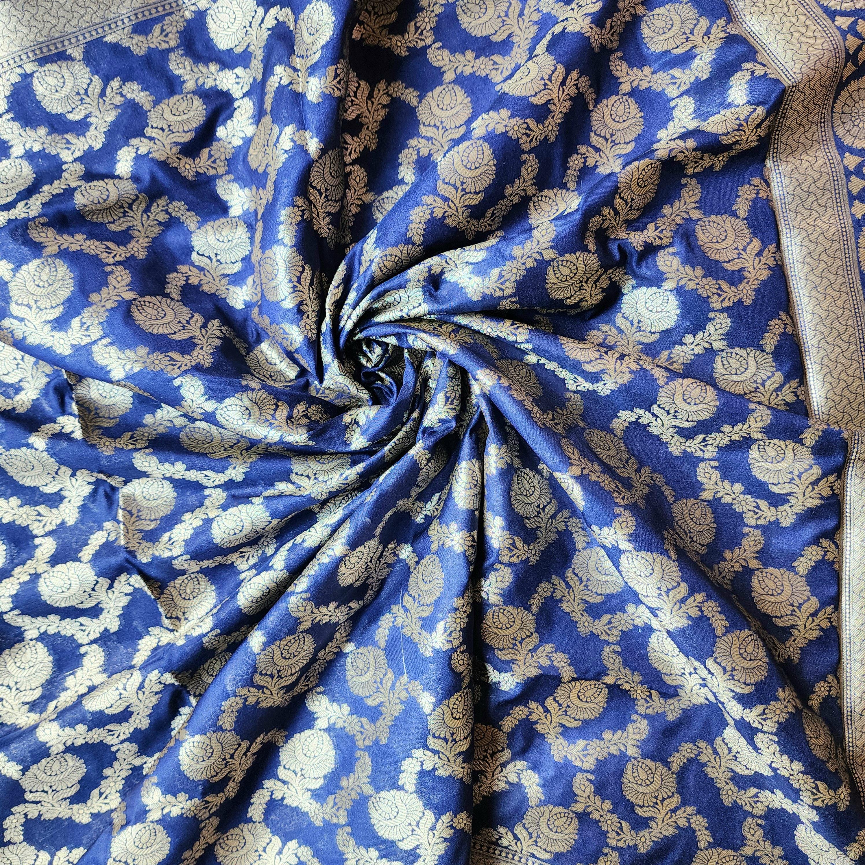 Navy Blue Banarasi Dupatta Golden Floral Zari, Royal Heritage Look