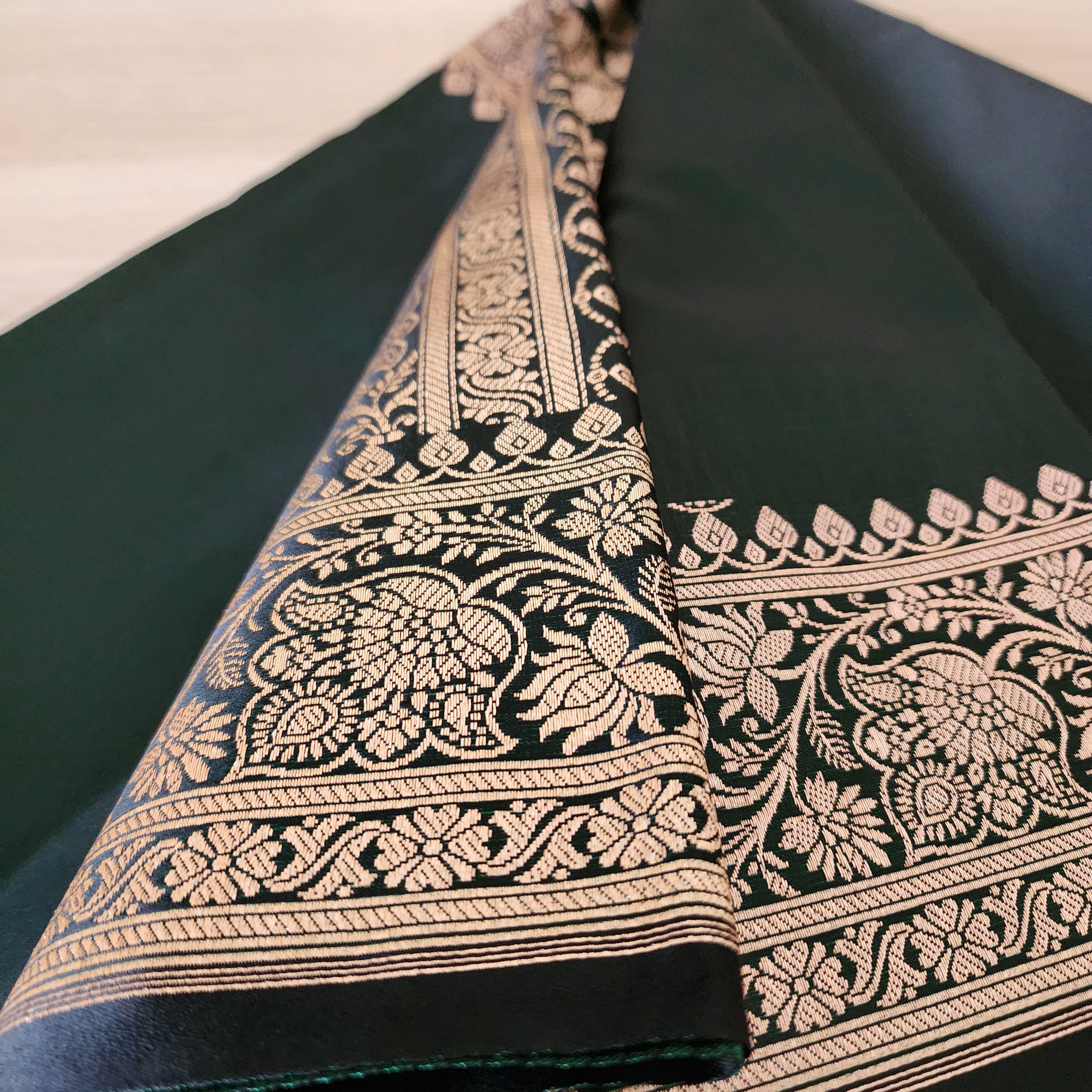 Rich Dark Bottle Green, Pure Banarasi Katan Silk Saree with Rich Gold & Silver Zari Weaving