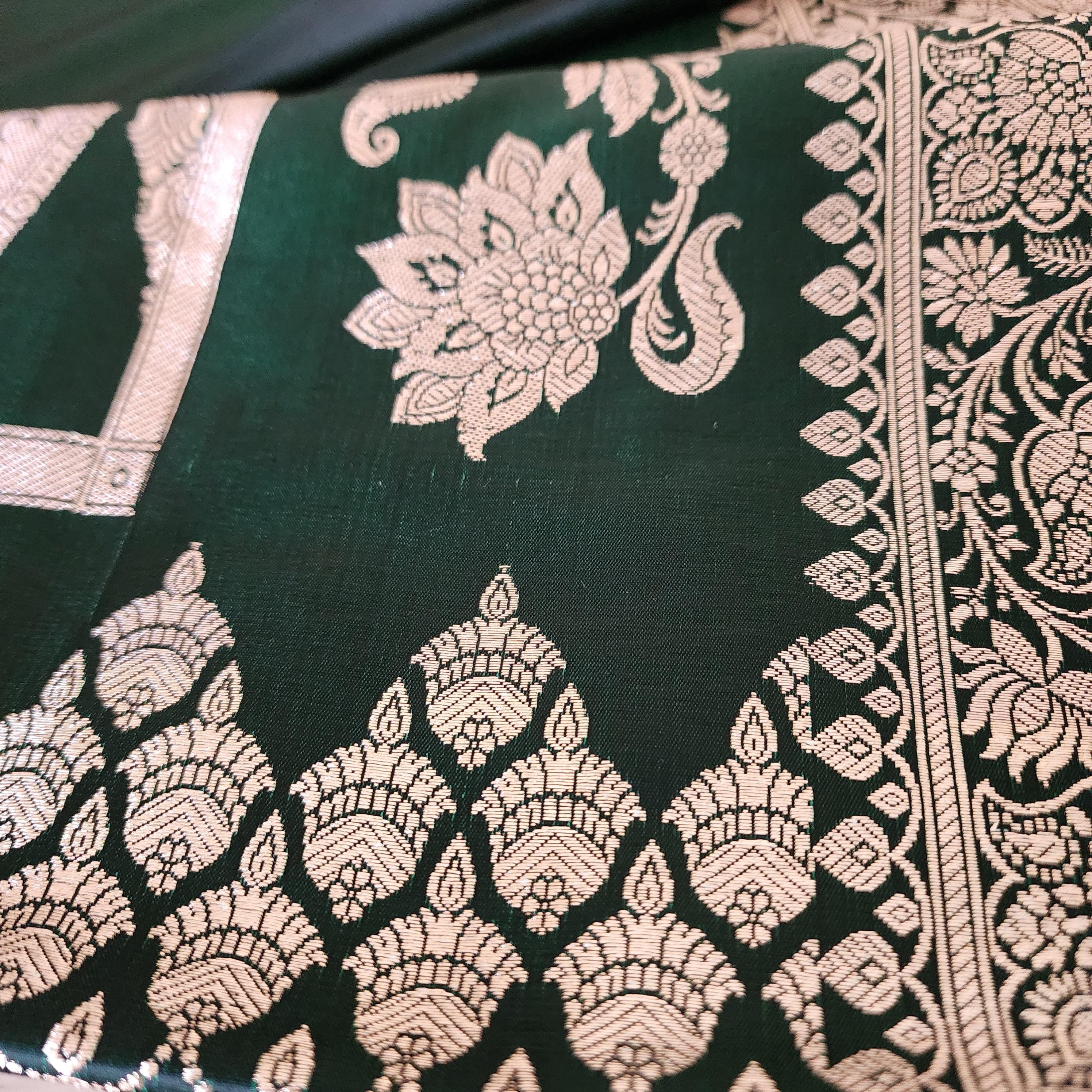 Rich Dark Bottle Green, Pure Banarasi Katan Silk Saree with Rich Gold & Silver Zari Weaving