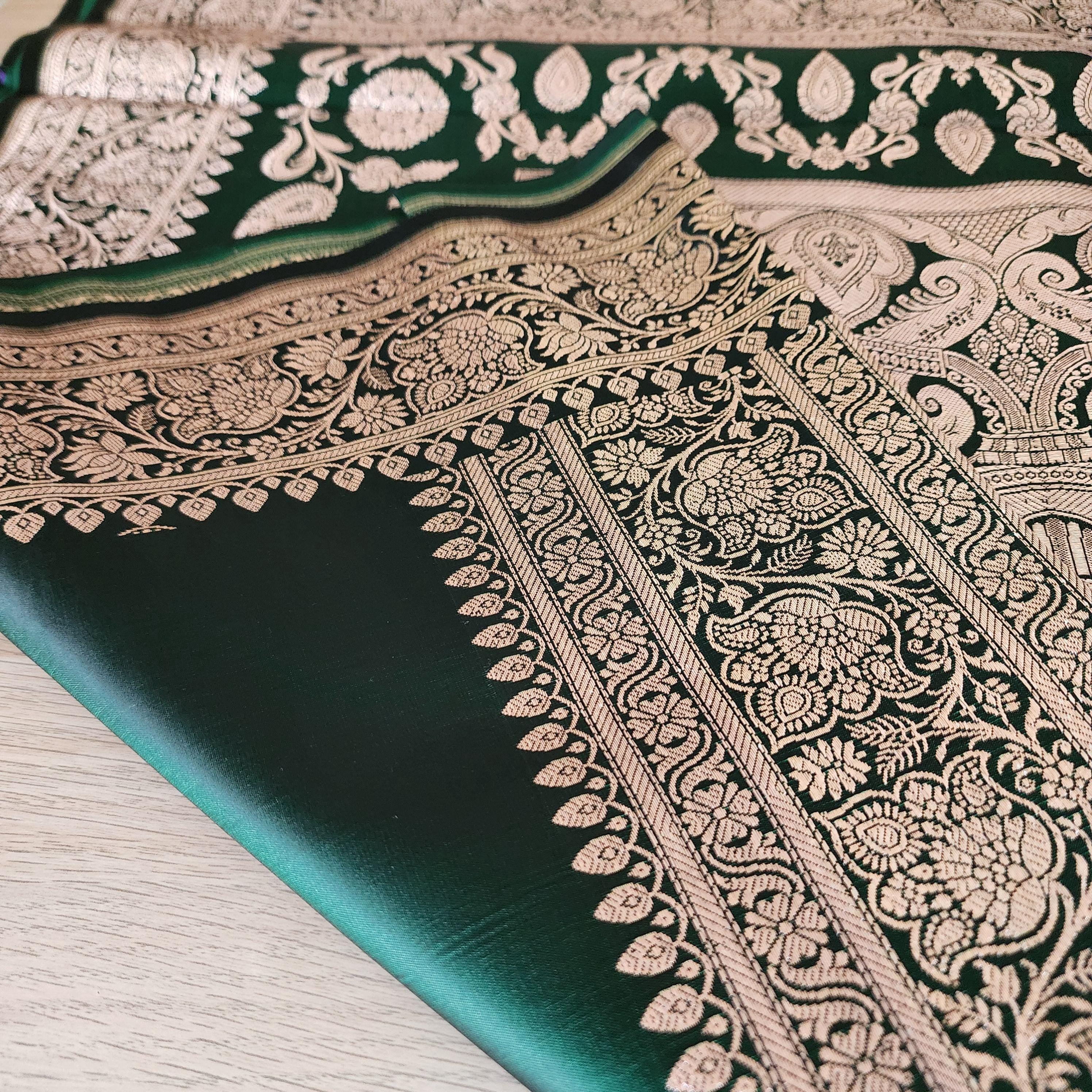 Rich Dark Bottle Green, Pure Banarasi Katan Silk Saree with Rich Gold & Silver Zari Weaving