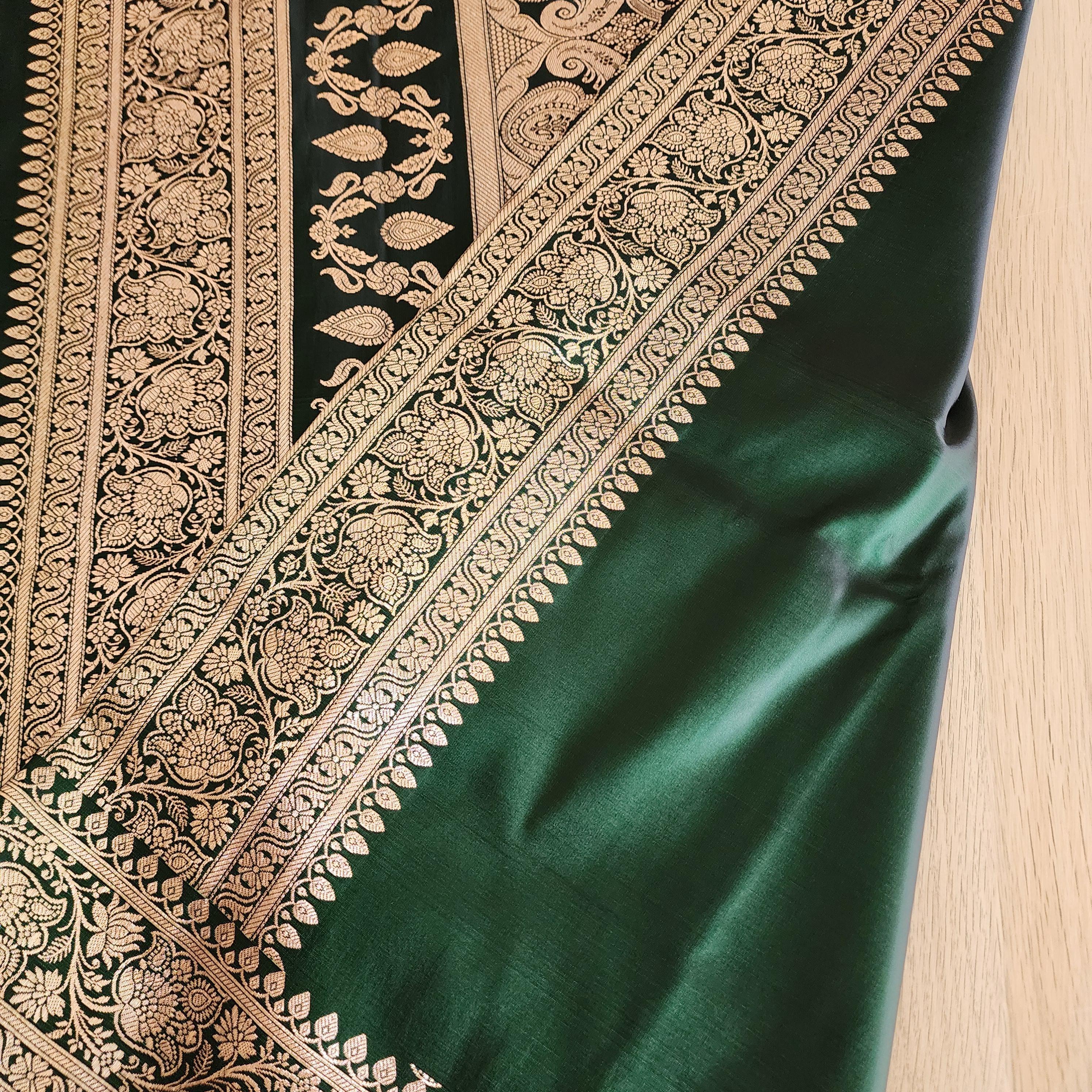 Rich Dark Bottle Green, Pure Banarasi Katan Silk Saree with Rich Gold & Silver Zari Weaving