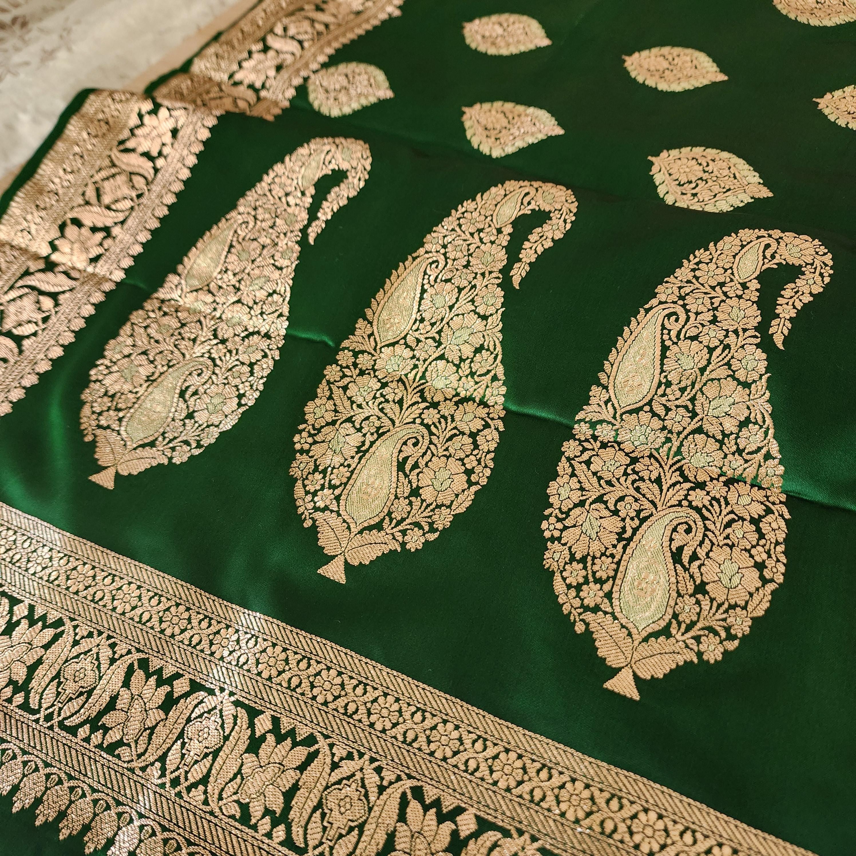 Royal Emerald Green, Pure Banarasi Katan Silk Saree with Rich Gold & Silver Zari Weaving