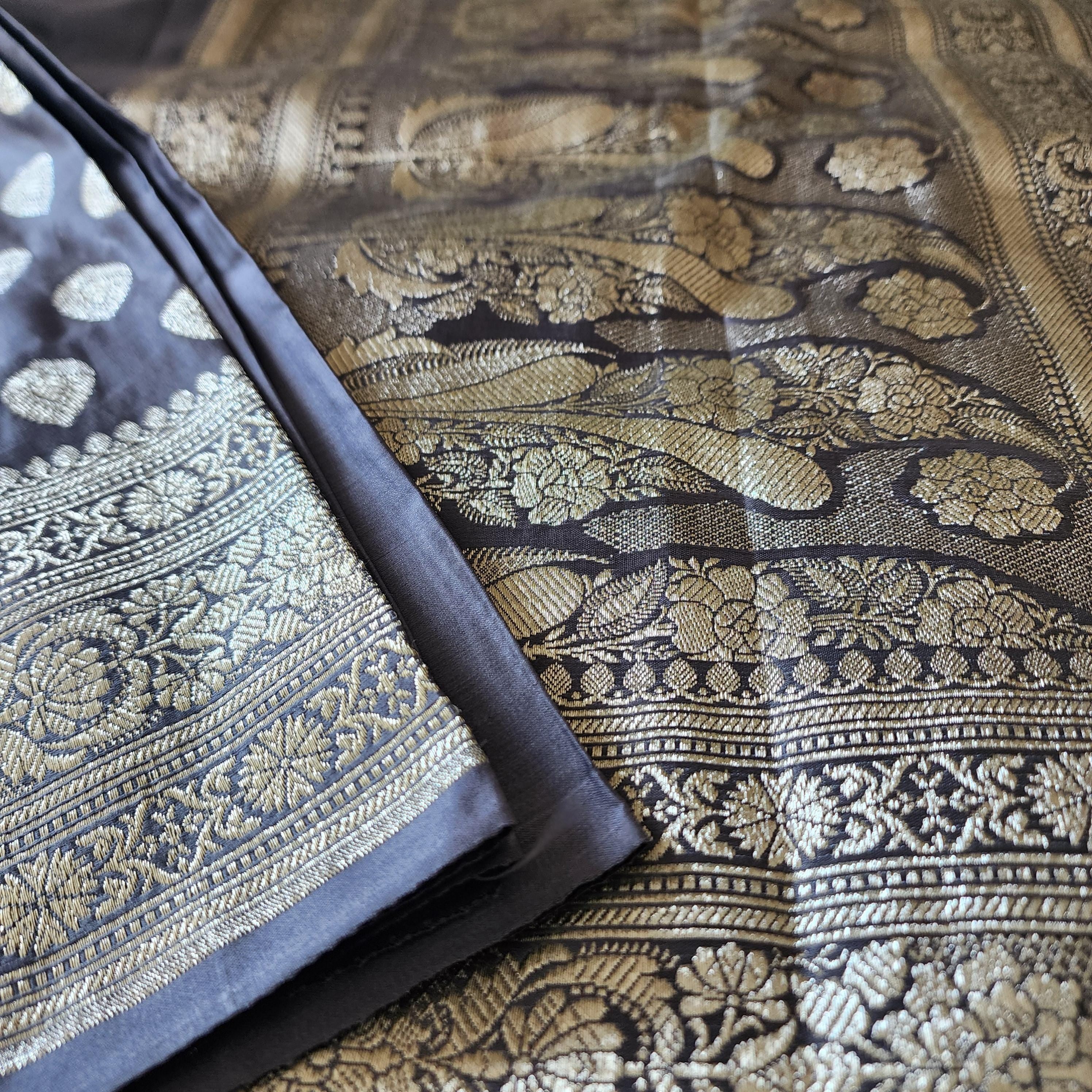 Slate Gray Pure Banarasi Katan Silk Saree with Rich Zari Weaving
