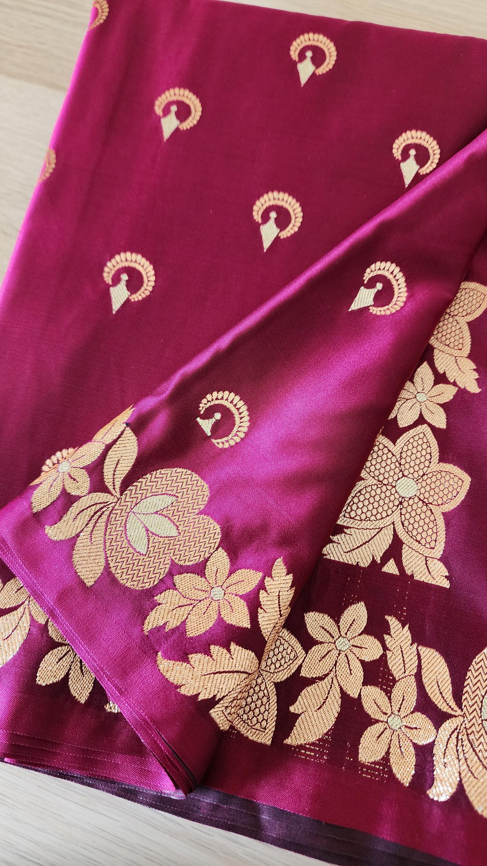 Dark Magenta, Pure Banarasi Katan Silk Saree with Rich Gold & Silver Zari Weaving