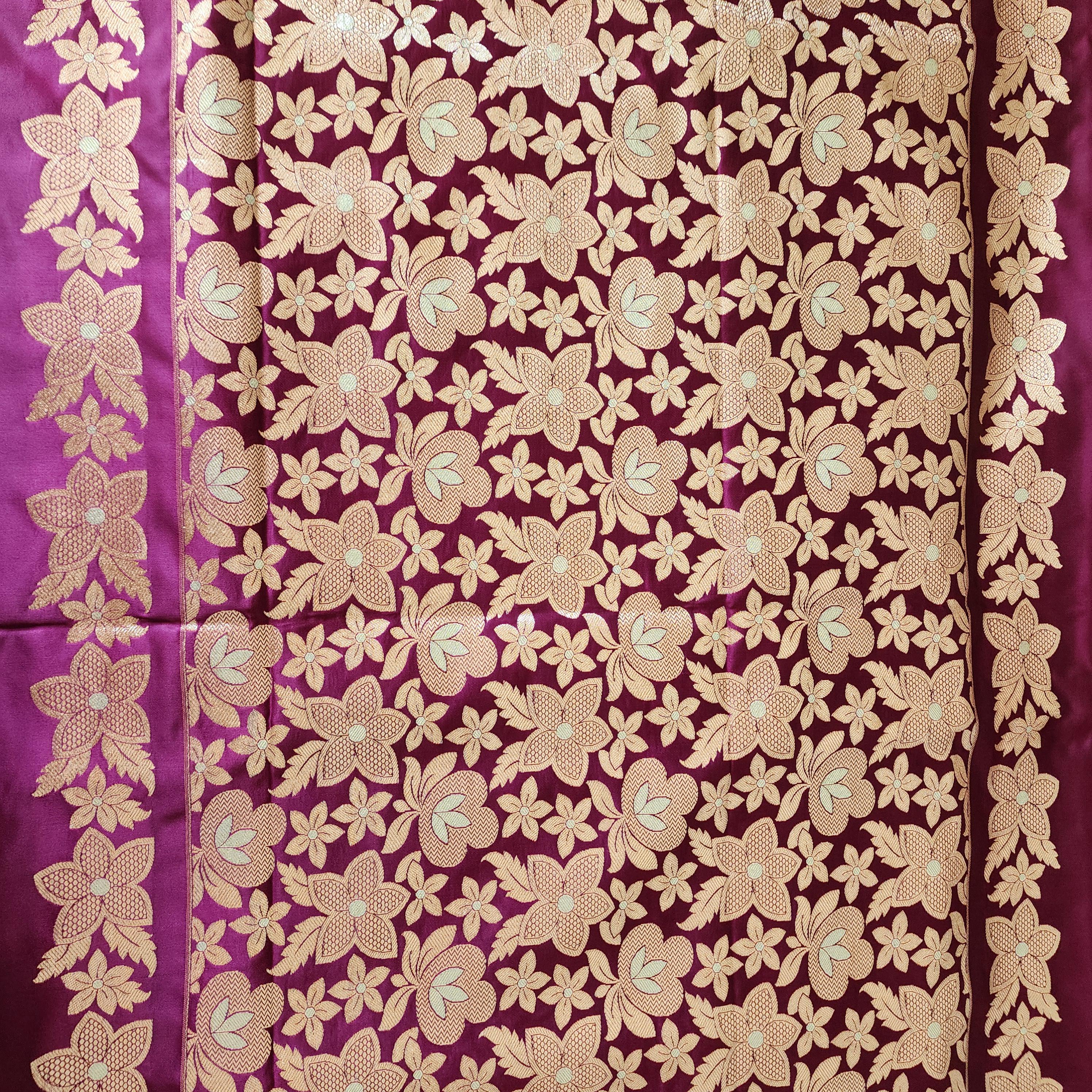 Dark Magenta, Pure Banarasi Katan Silk Saree with Rich Gold & Silver Zari Weaving