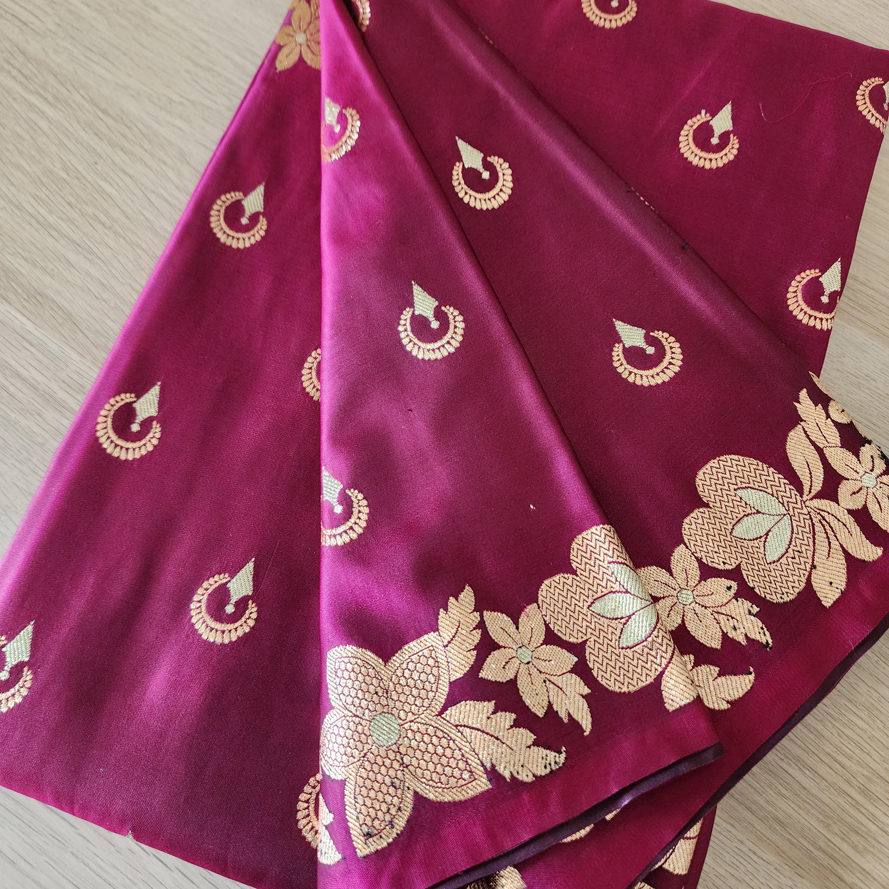 Dark Magenta, Pure Banarasi Katan Silk Saree with Rich Gold & Silver Zari Weaving