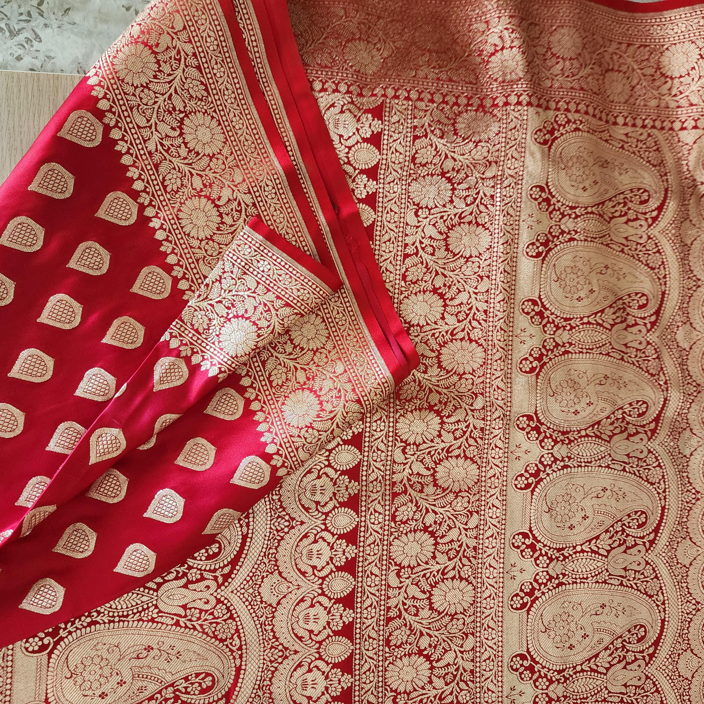 Coral Red, Pure Banarasi Katan Silk Saree with Rich Zari Weaving