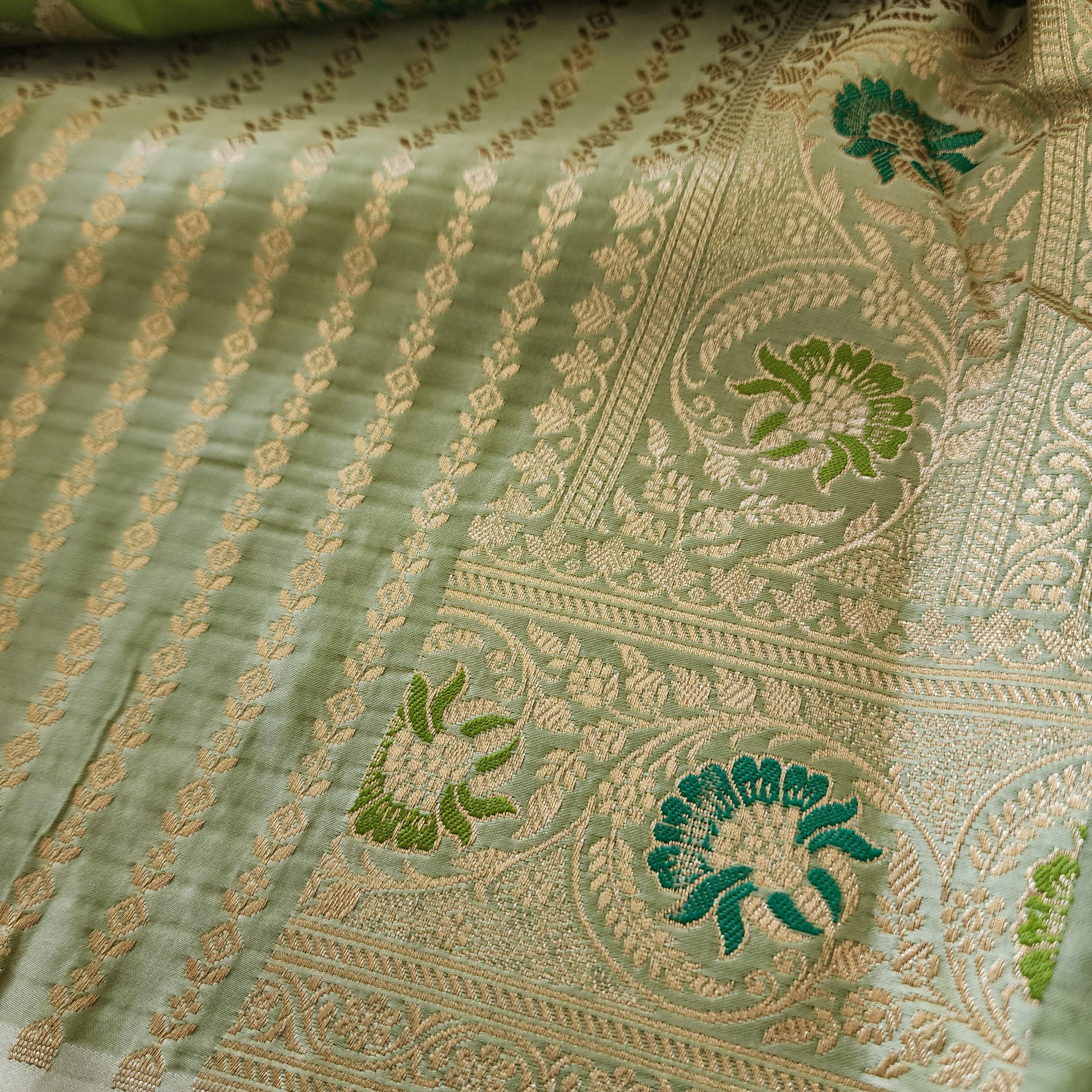 Enriched Green Banarasi Katan Silk Saree with Multicolor Meenakari Floral Jaal