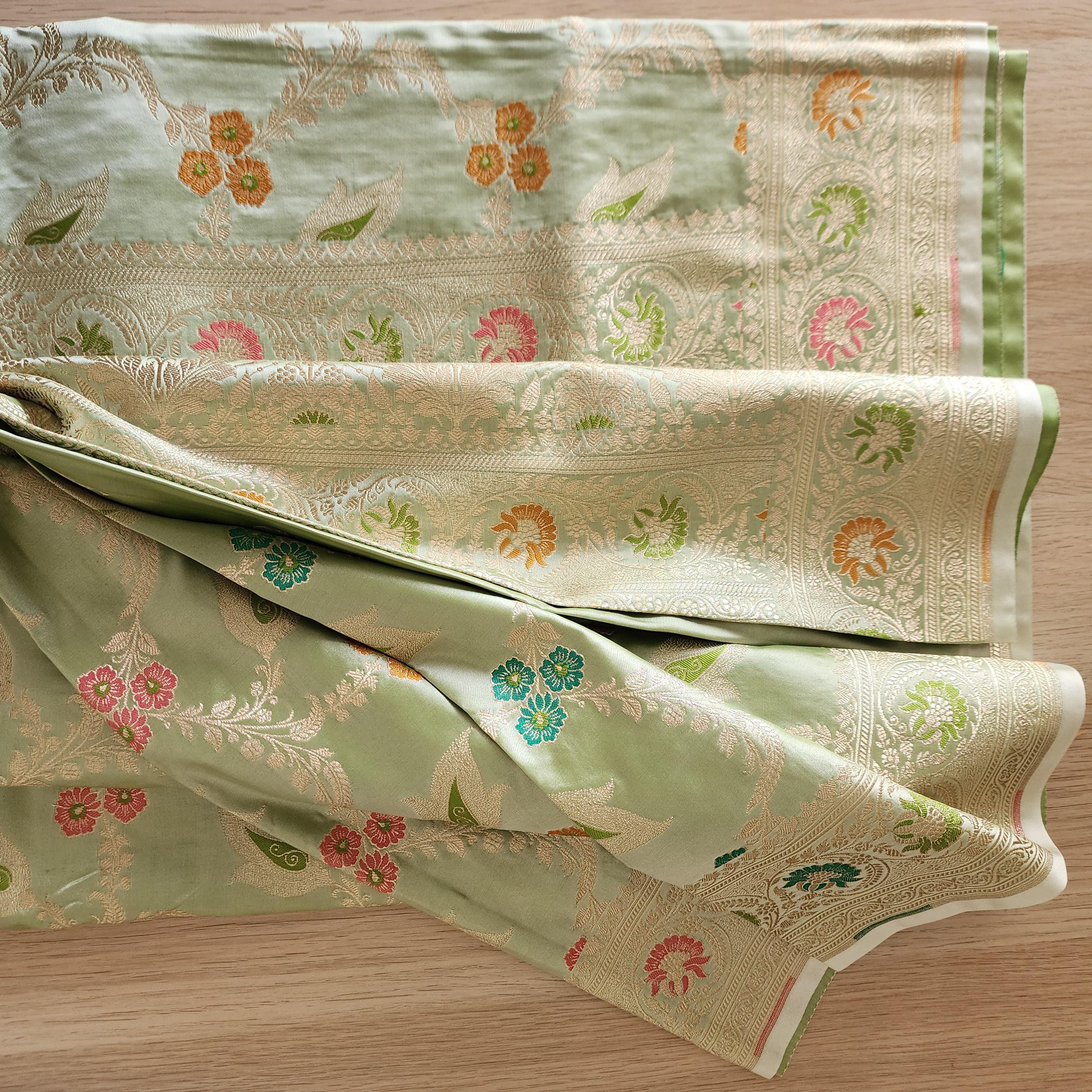 Enriched Green Banarasi Katan Silk Saree with Multicolor Meenakari Floral Jaal