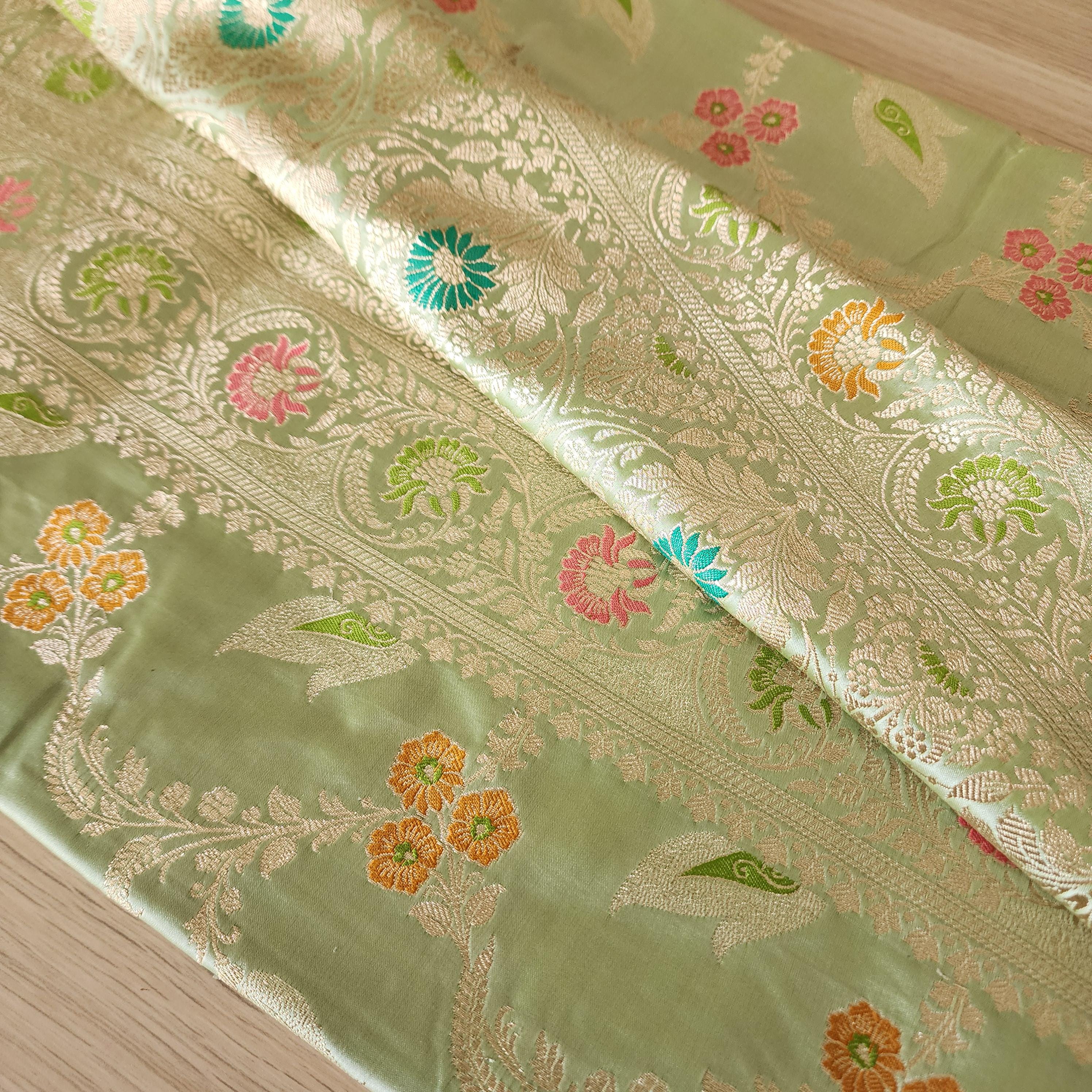 Elegant Banarasi Katan Silk Saree | Green Multicolor Meenakari Floral Jaal