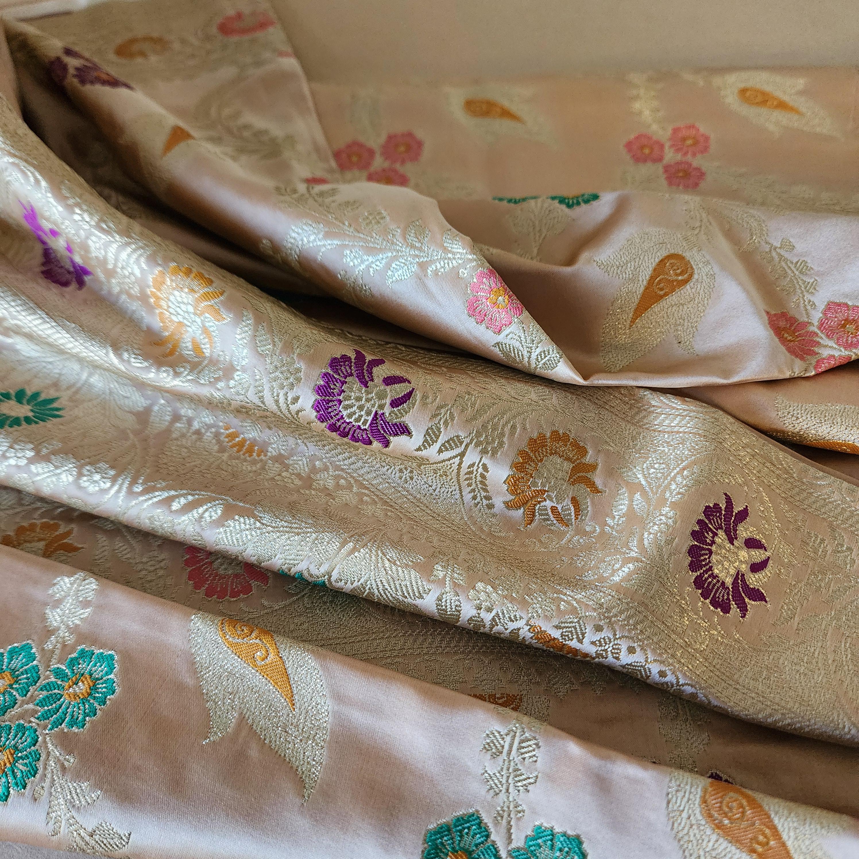 Banarasi Katan Silk Saree | Beige Multicolor Meenakari Floral Jaal