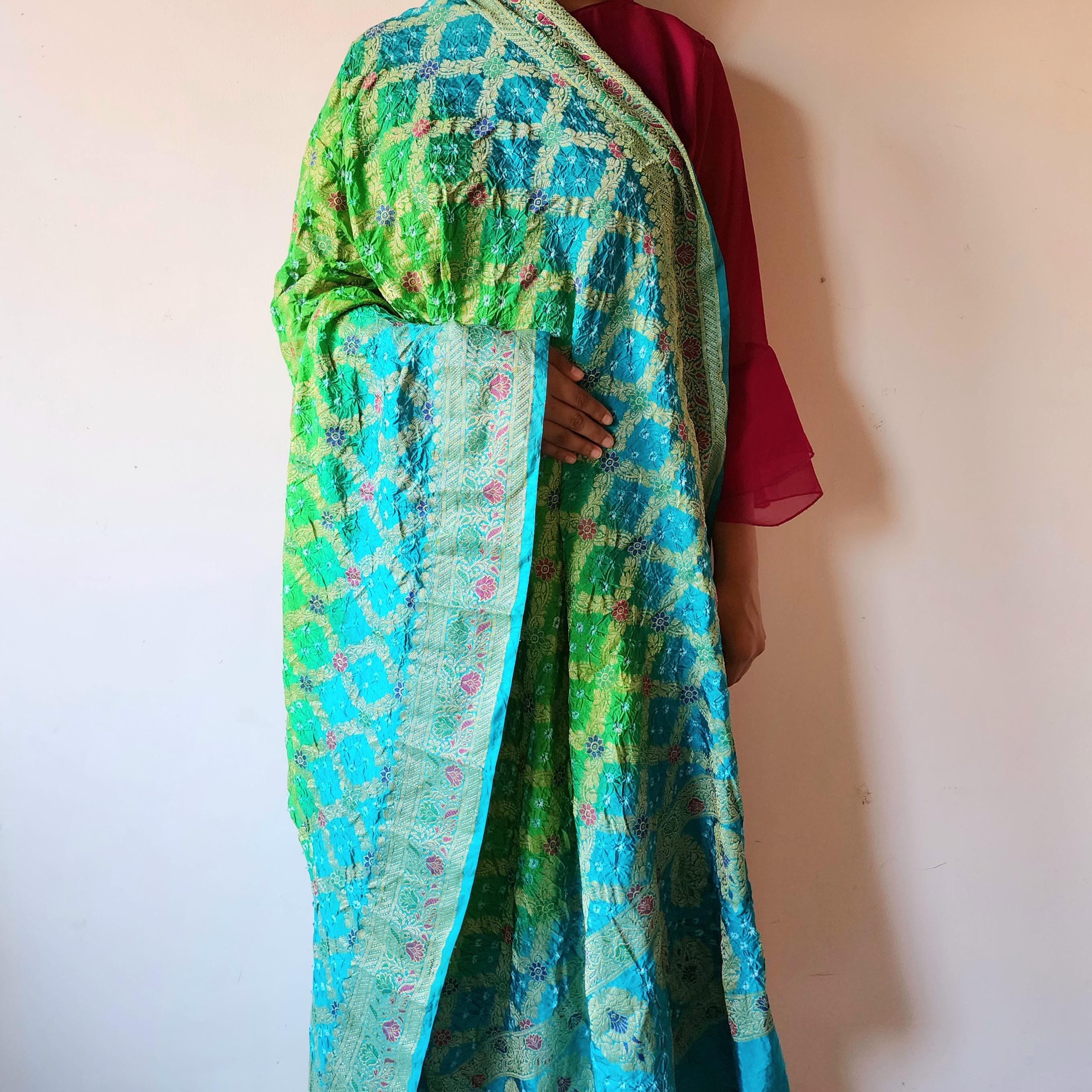 Aqua Blue And Green Bandhni Dupatta with Golden Border & Banarasi Meenakari Work