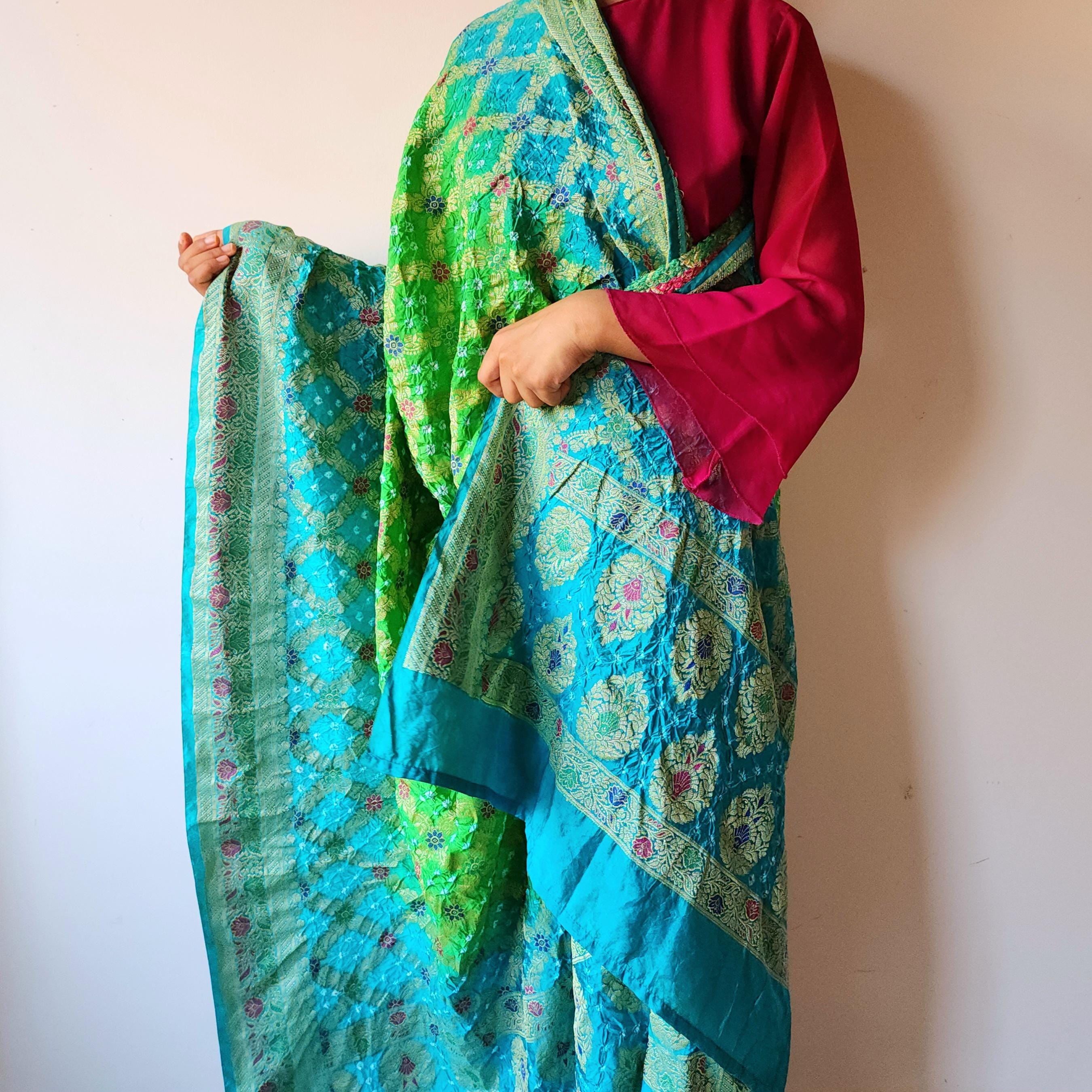 Aqua Blue And Green Bandhni Dupatta with Golden Border & Banarasi Meenakari Work
