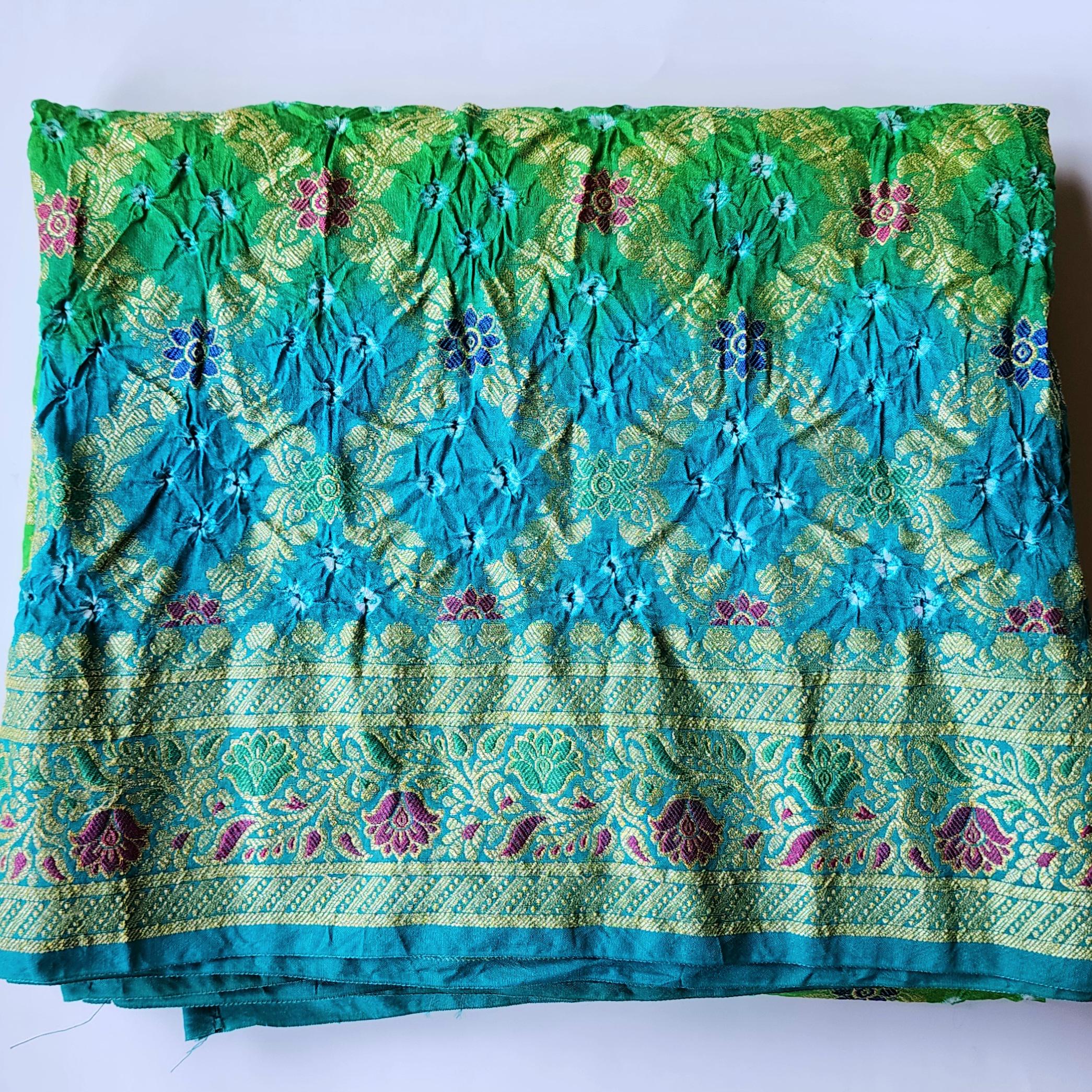 Aqua Blue And Green Bandhni Dupatta with Golden Border & Banarasi Meenakari Work