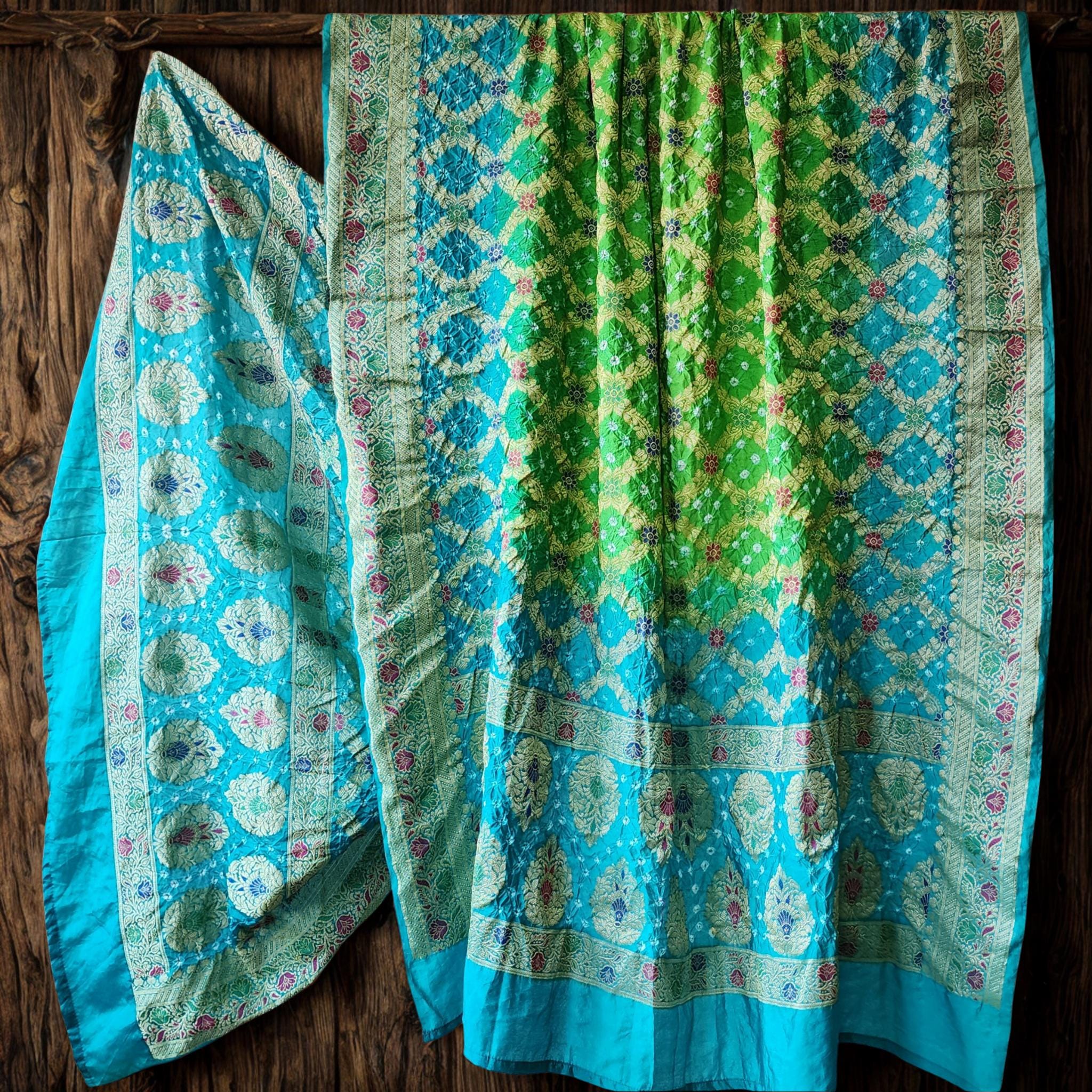 Aqua Blue And Green Bandhni Dupatta with Golden Border & Banarasi Meenakari Work