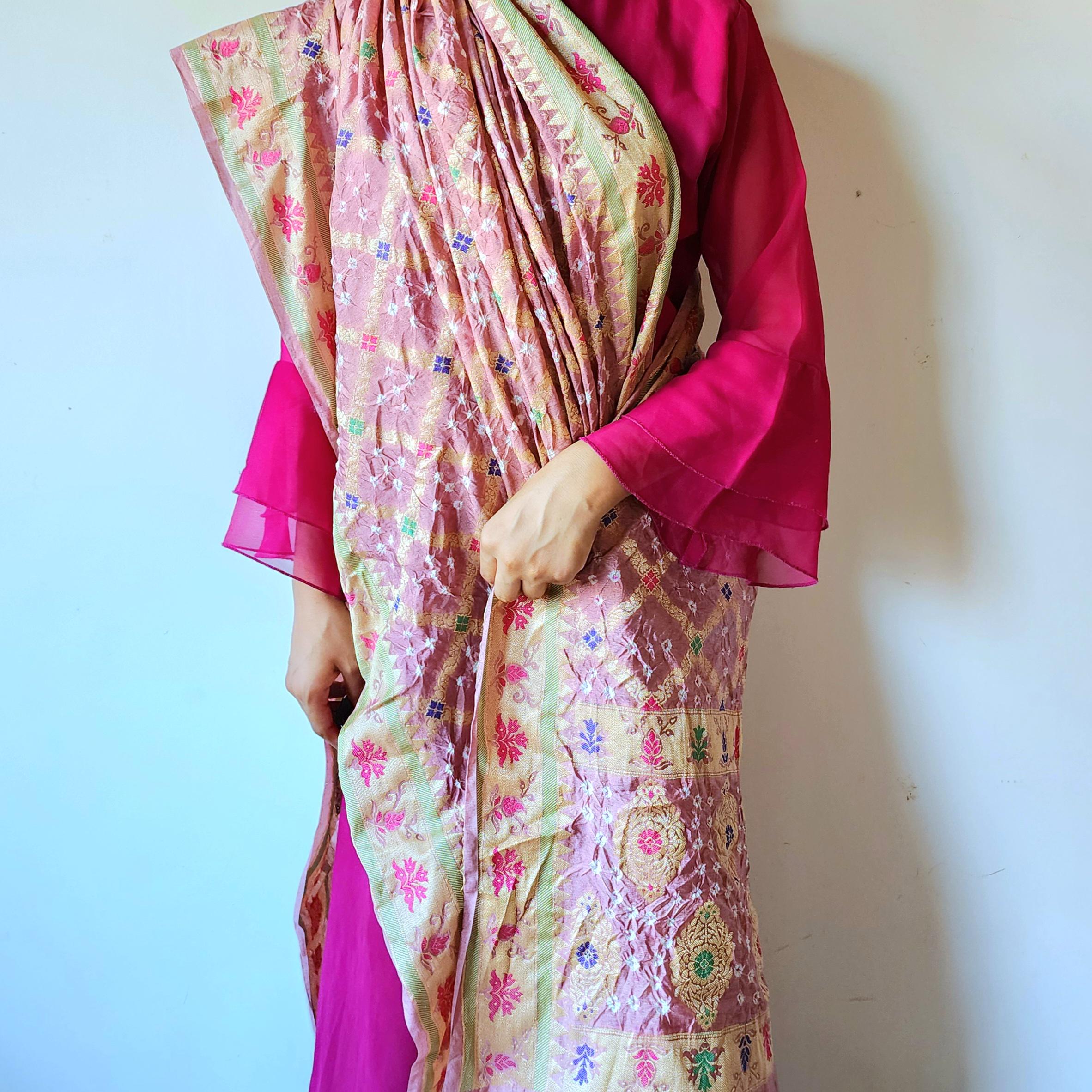 Blush Pink Bandhni Dupatta with Golden Border & Banarasi Meenakari Weave
