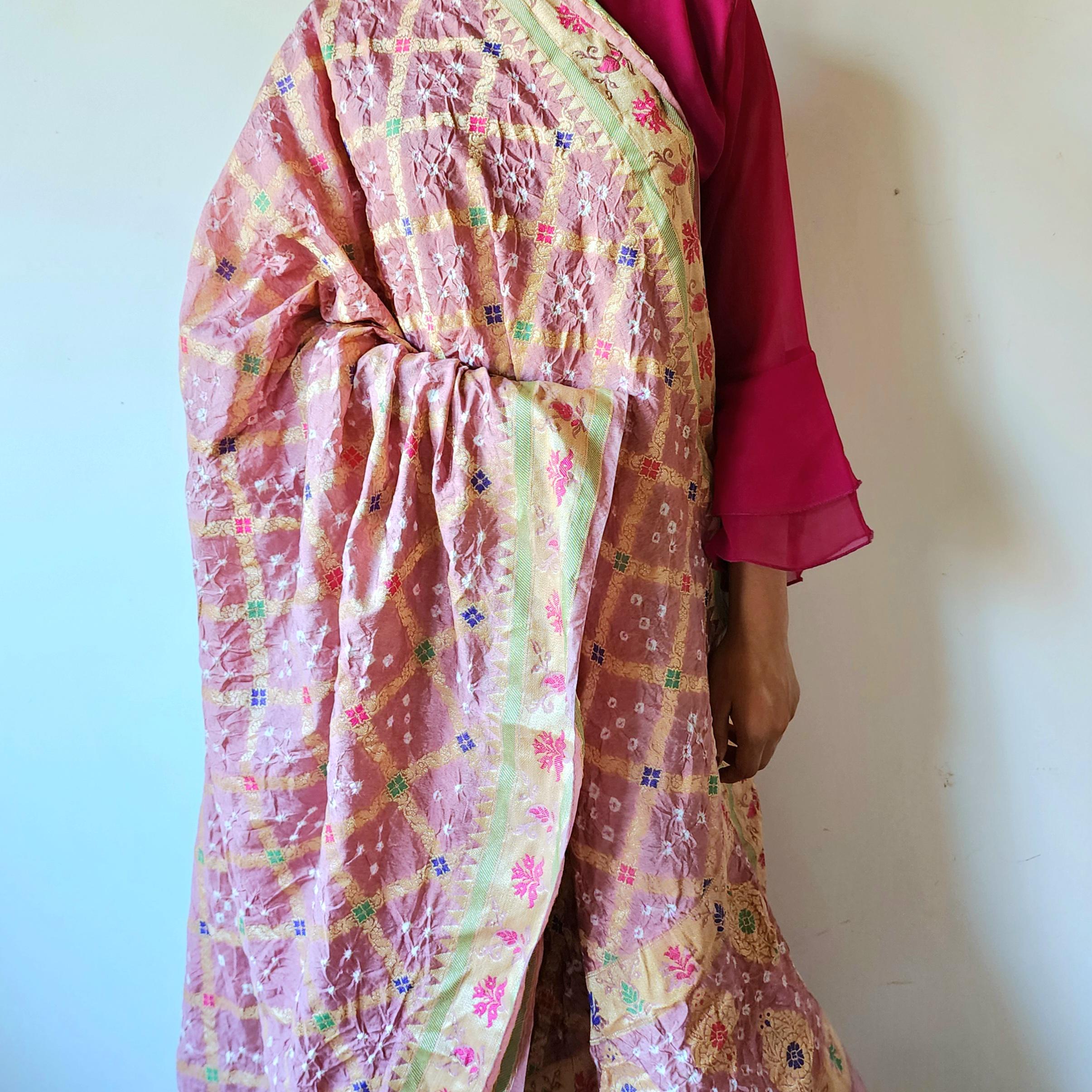Blush Pink Bandhni Dupatta with Golden Border & Banarasi Meenakari Weave