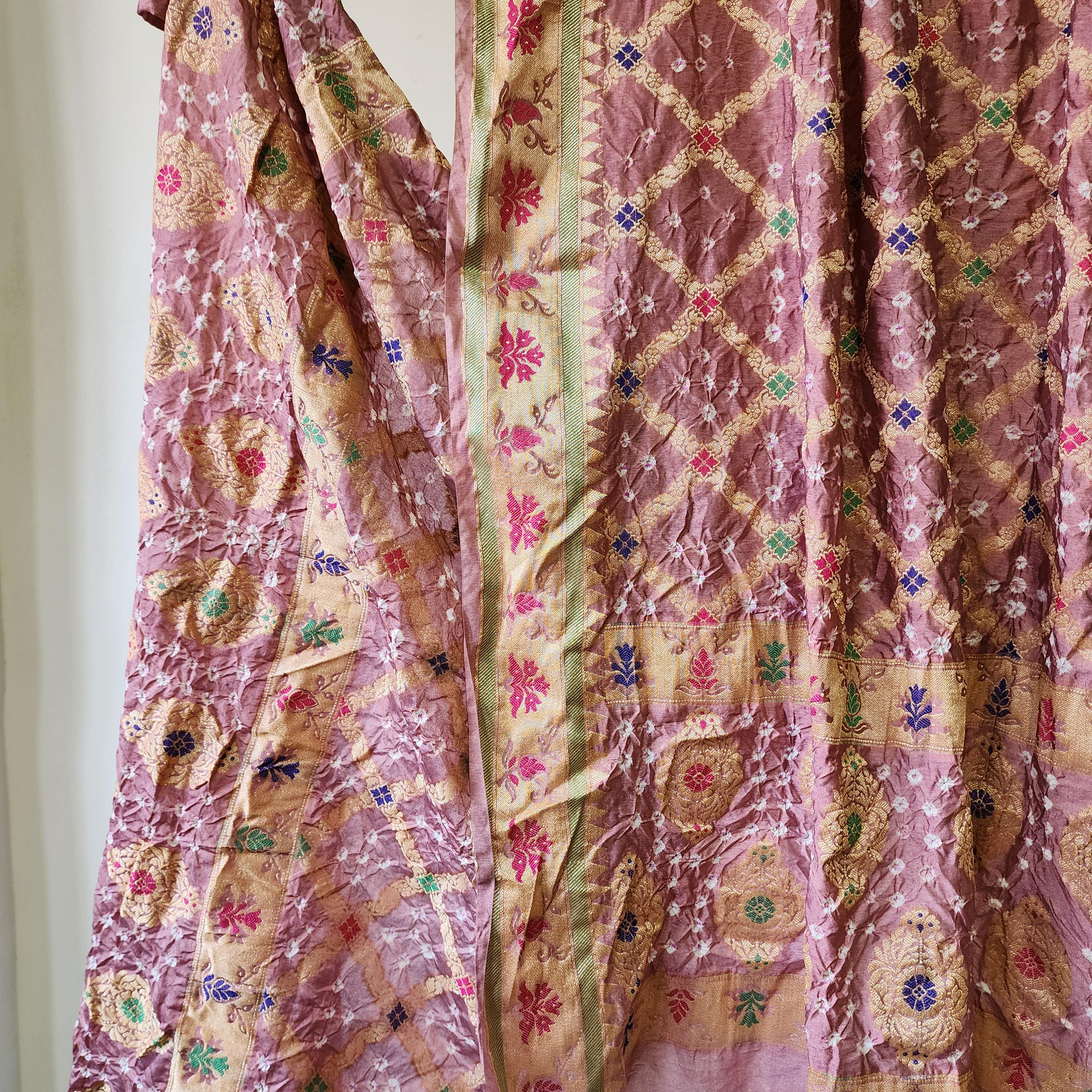 Blush Pink Bandhni Dupatta with Golden Border & Banarasi Meenakari Weave
