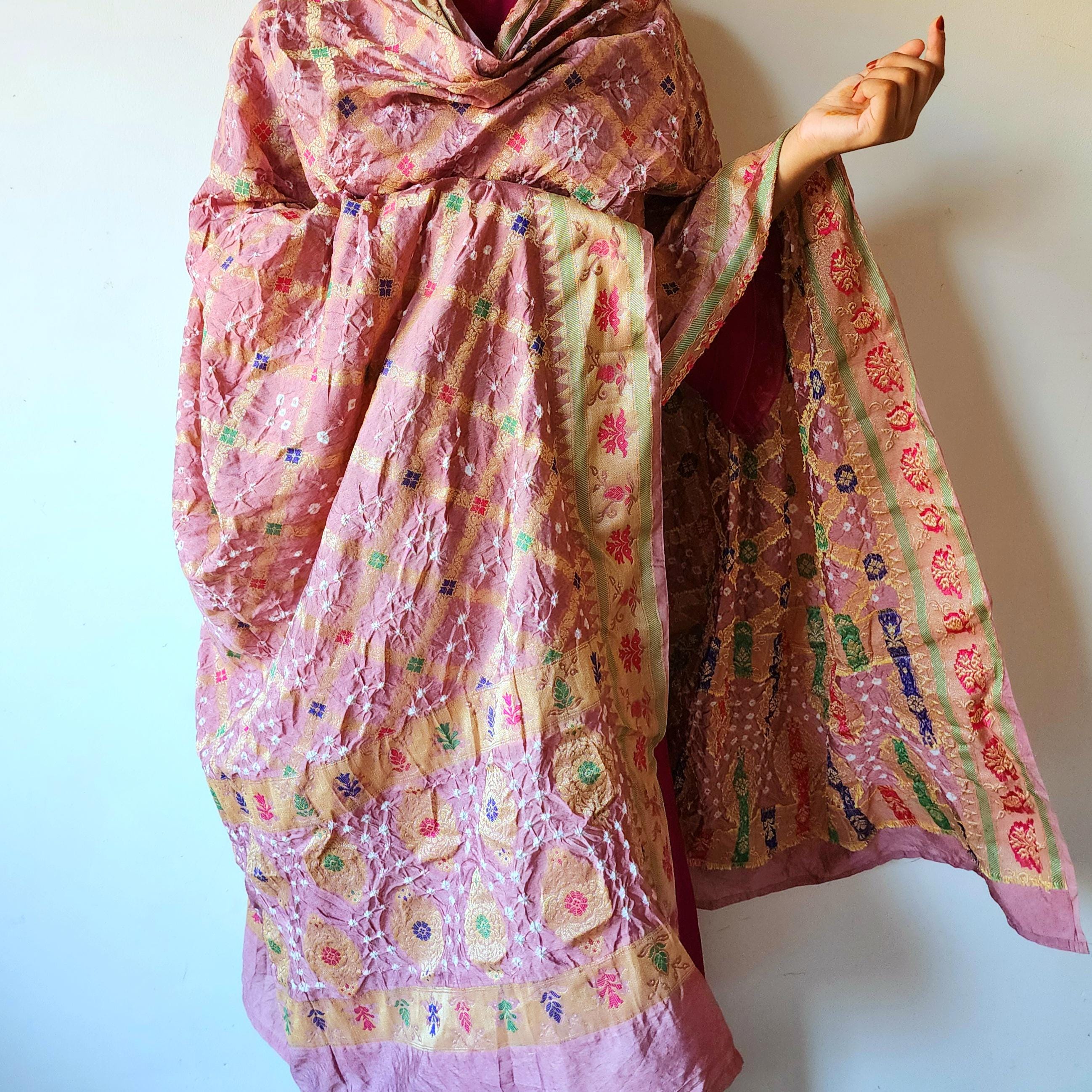 Blush Pink Bandhni Dupatta with Golden Border & Banarasi Meenakari Weave