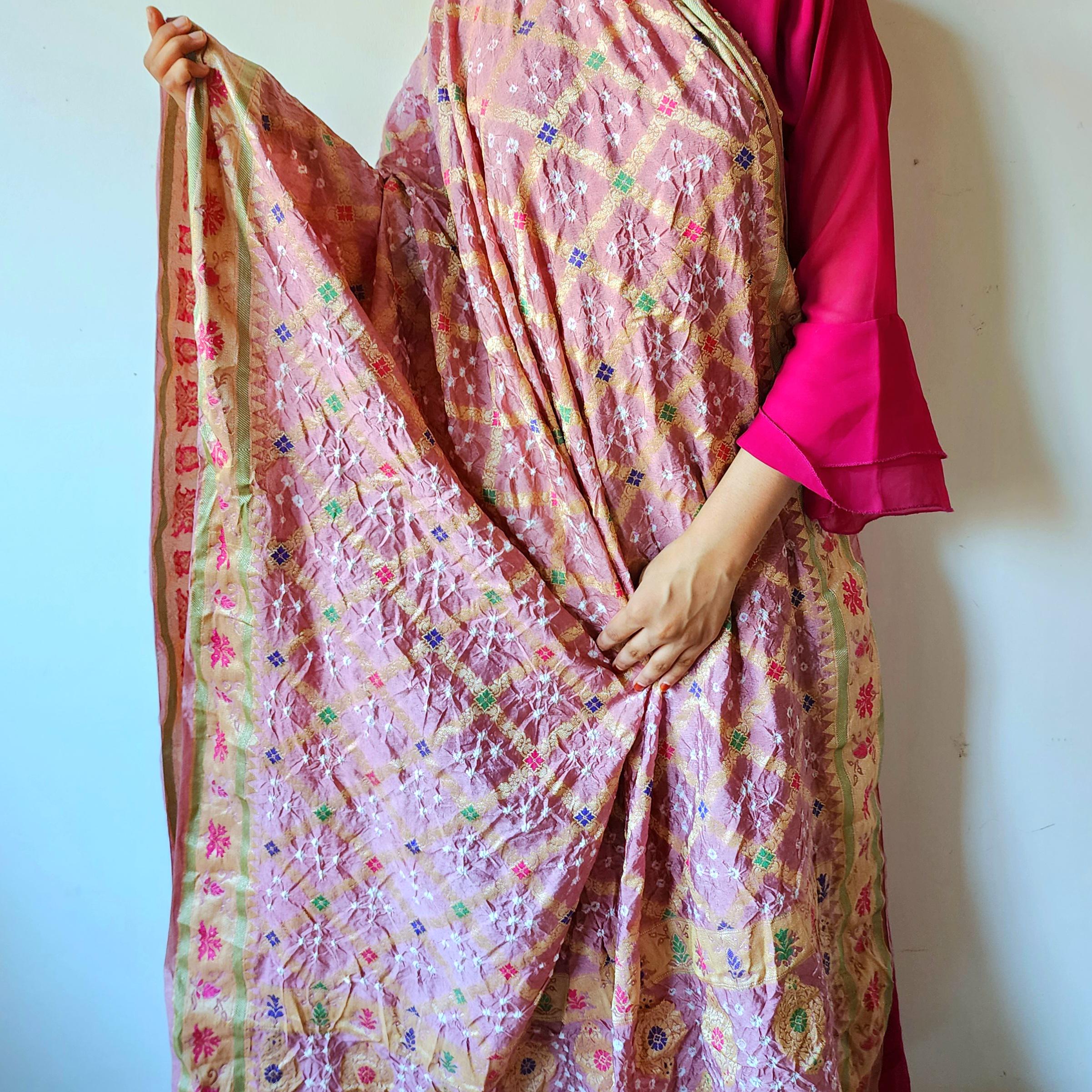 Blush Pink Bandhni Dupatta with Golden Border & Banarasi Meenakari Weave