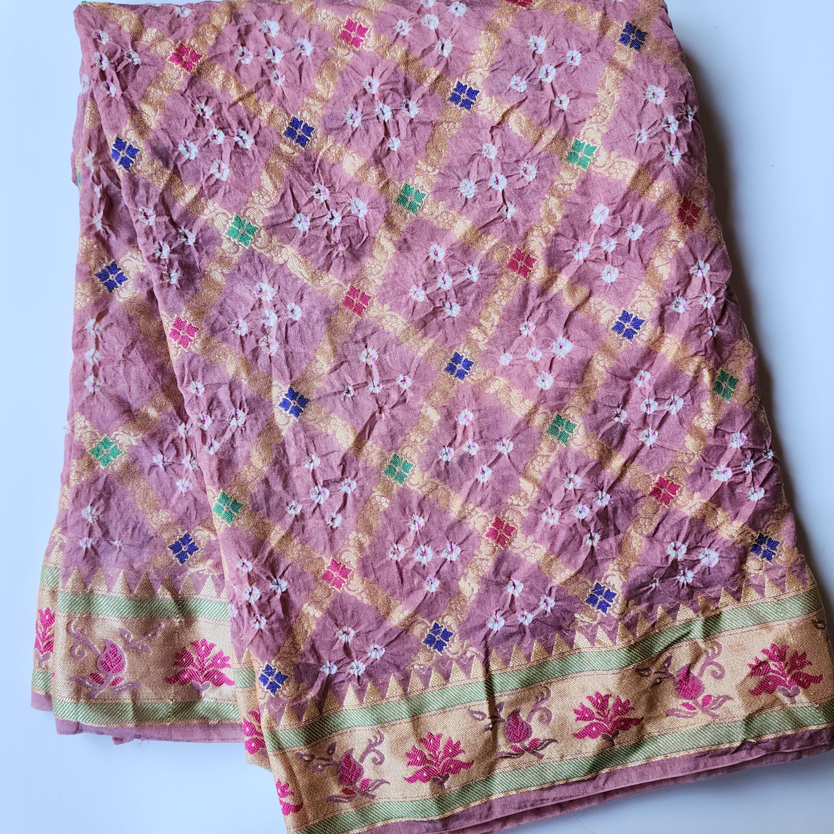 Blush Pink Bandhni Dupatta with Golden Border & Banarasi Meenakari Weave