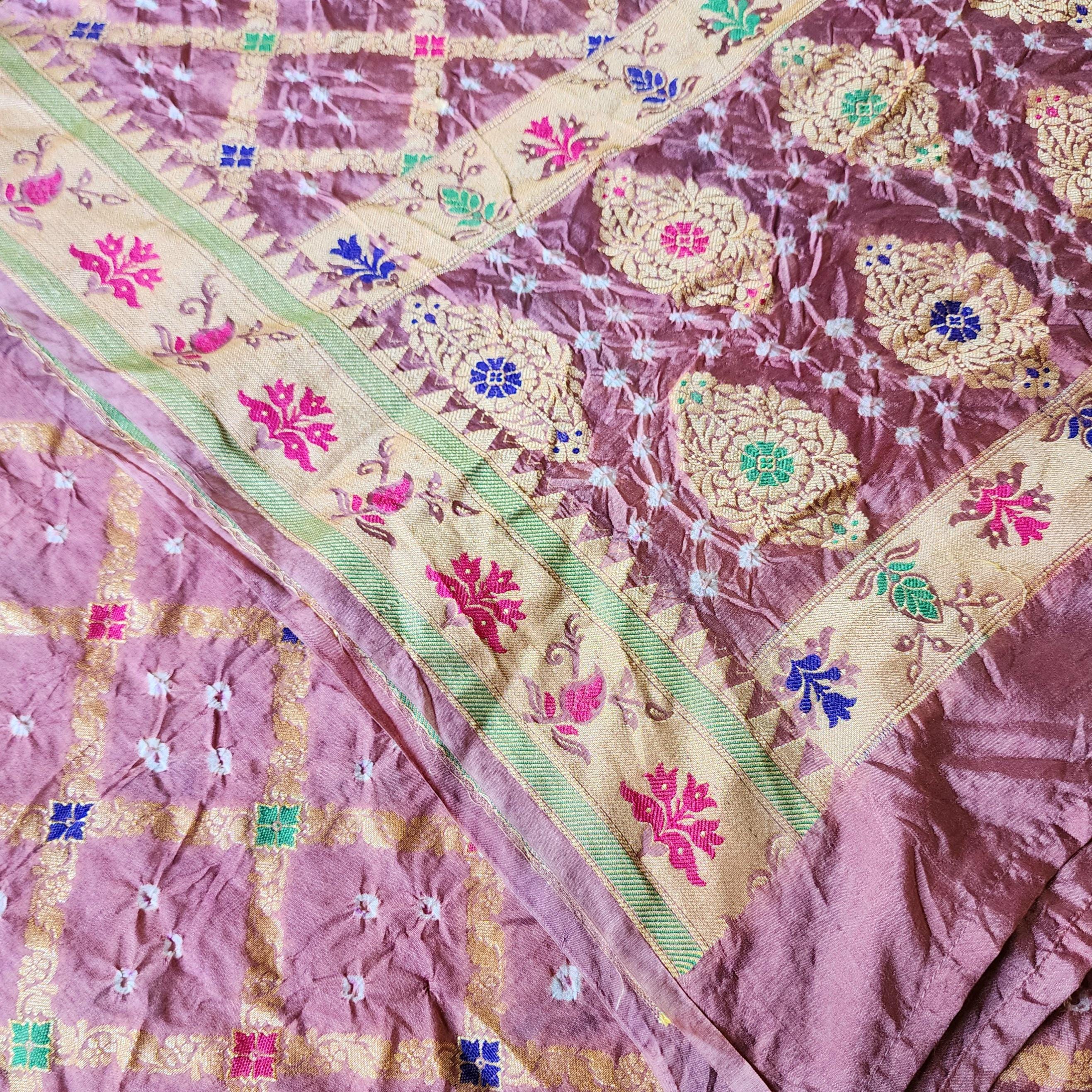 Blush Pink Bandhni Dupatta with Golden Border & Banarasi Meenakari Weave
