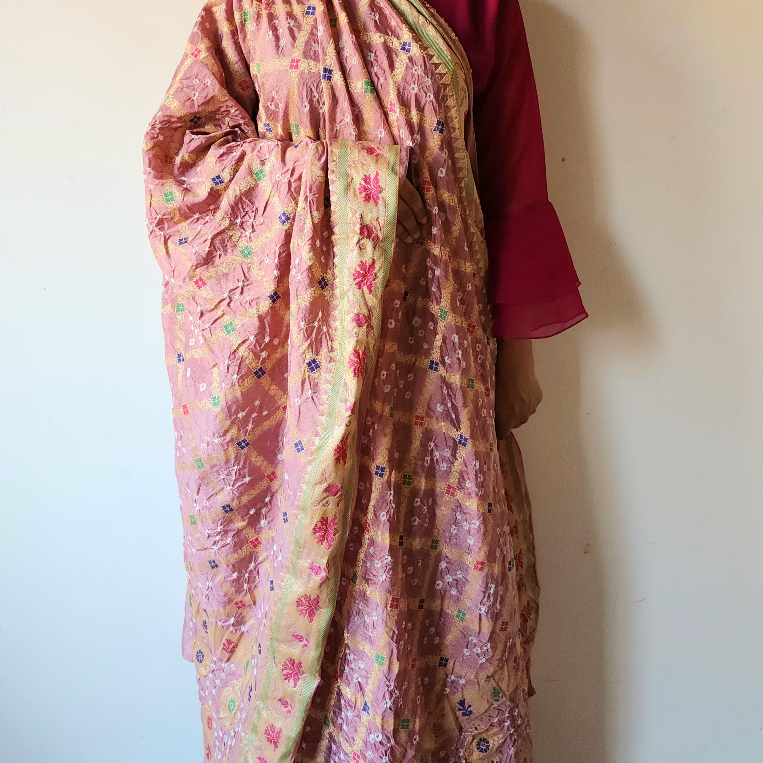 Blush Pink Bandhni Dupatta with Golden Border & Banarasi Meenakari Weave