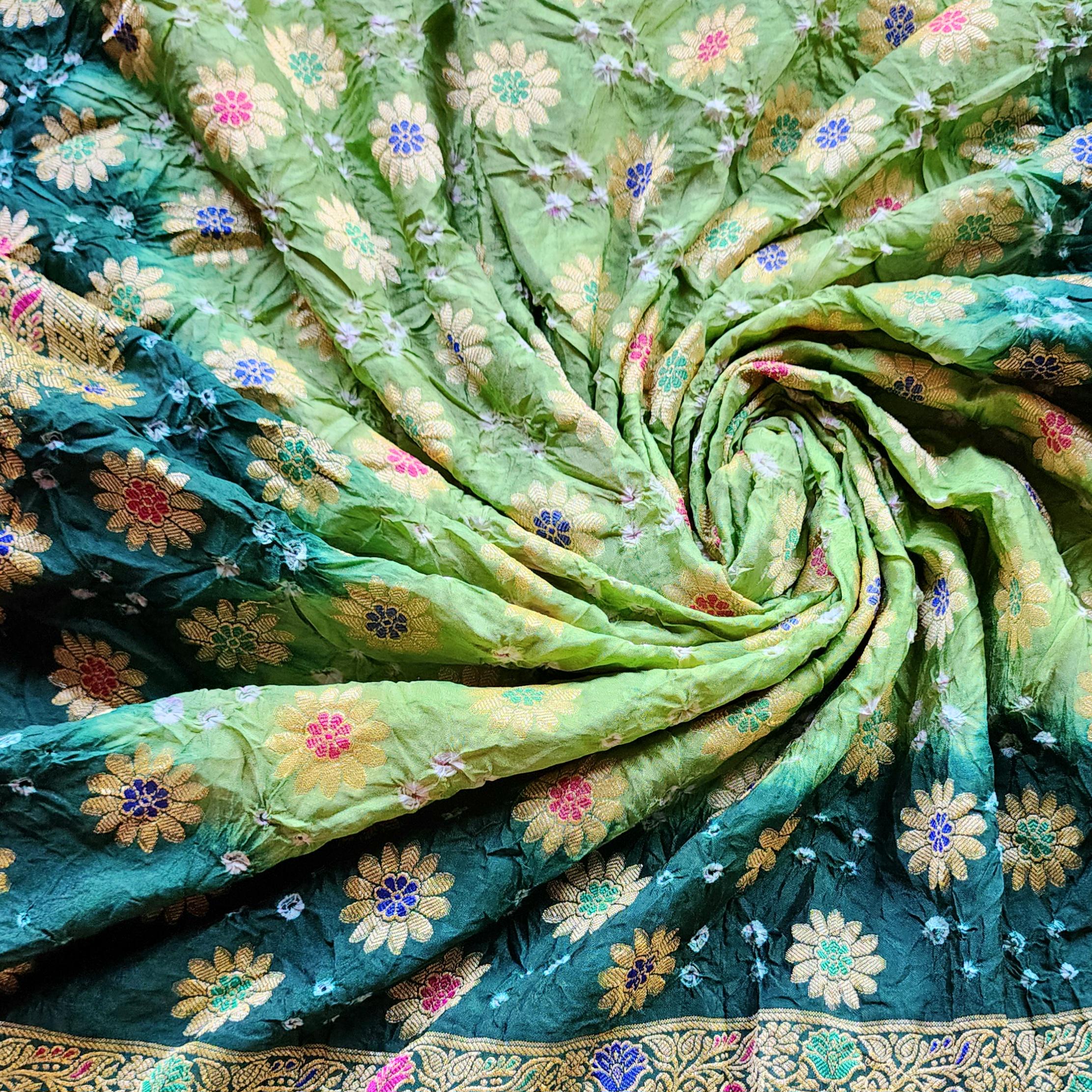 Dual-Tone Green Bandhni Dupatta with Golden Border & Banarasi Meenakari Work
