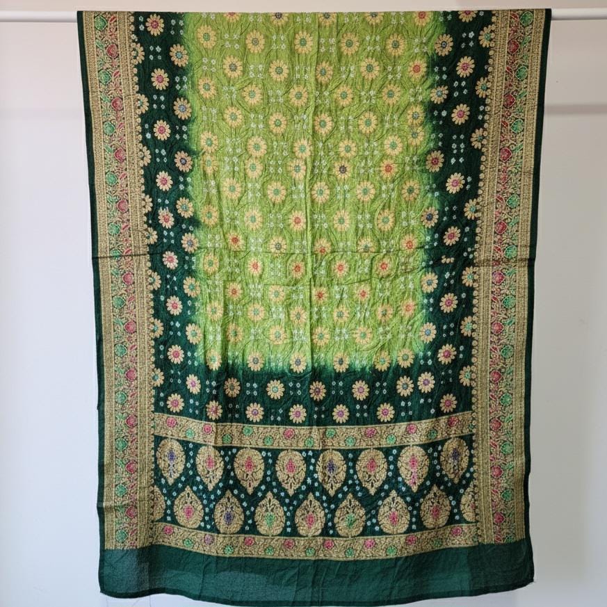 Dual-Tone Green Bandhni Dupatta with Golden Border & Banarasi Meenakari Work