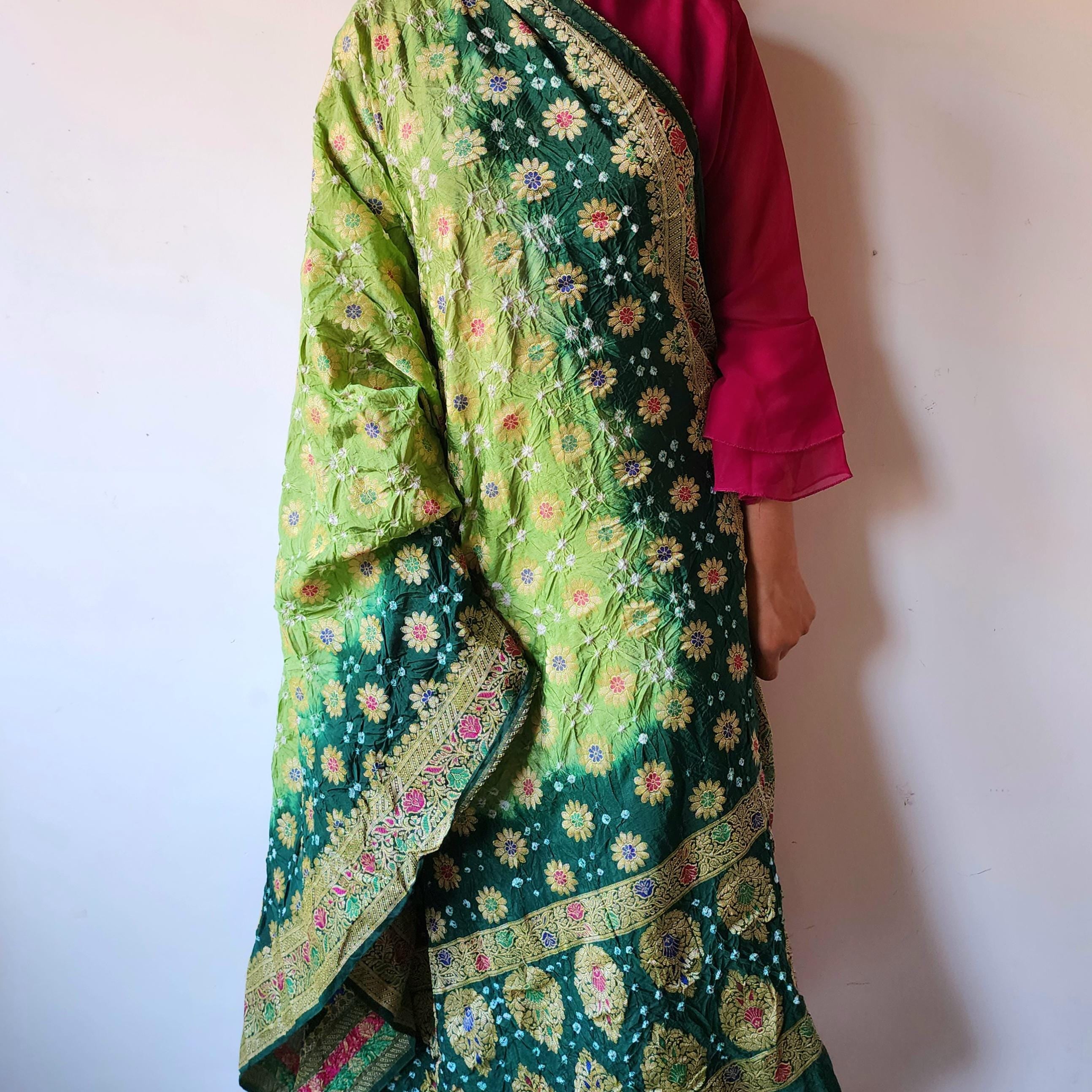 Dual-Tone Green Bandhni Dupatta with Golden Border & Banarasi Meenakari Work