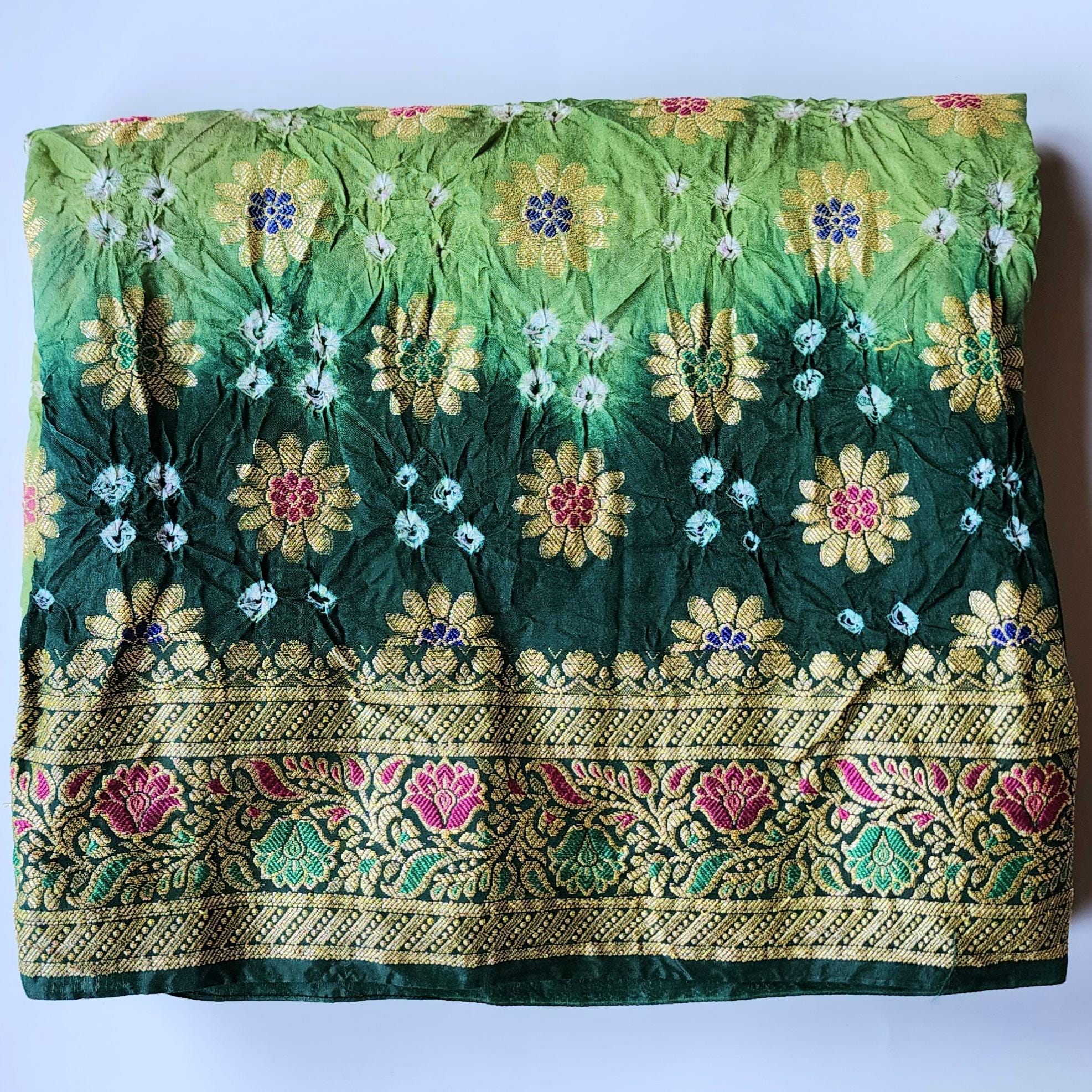 Dual-Tone Green Bandhni Dupatta with Golden Border & Banarasi Meenakari Work