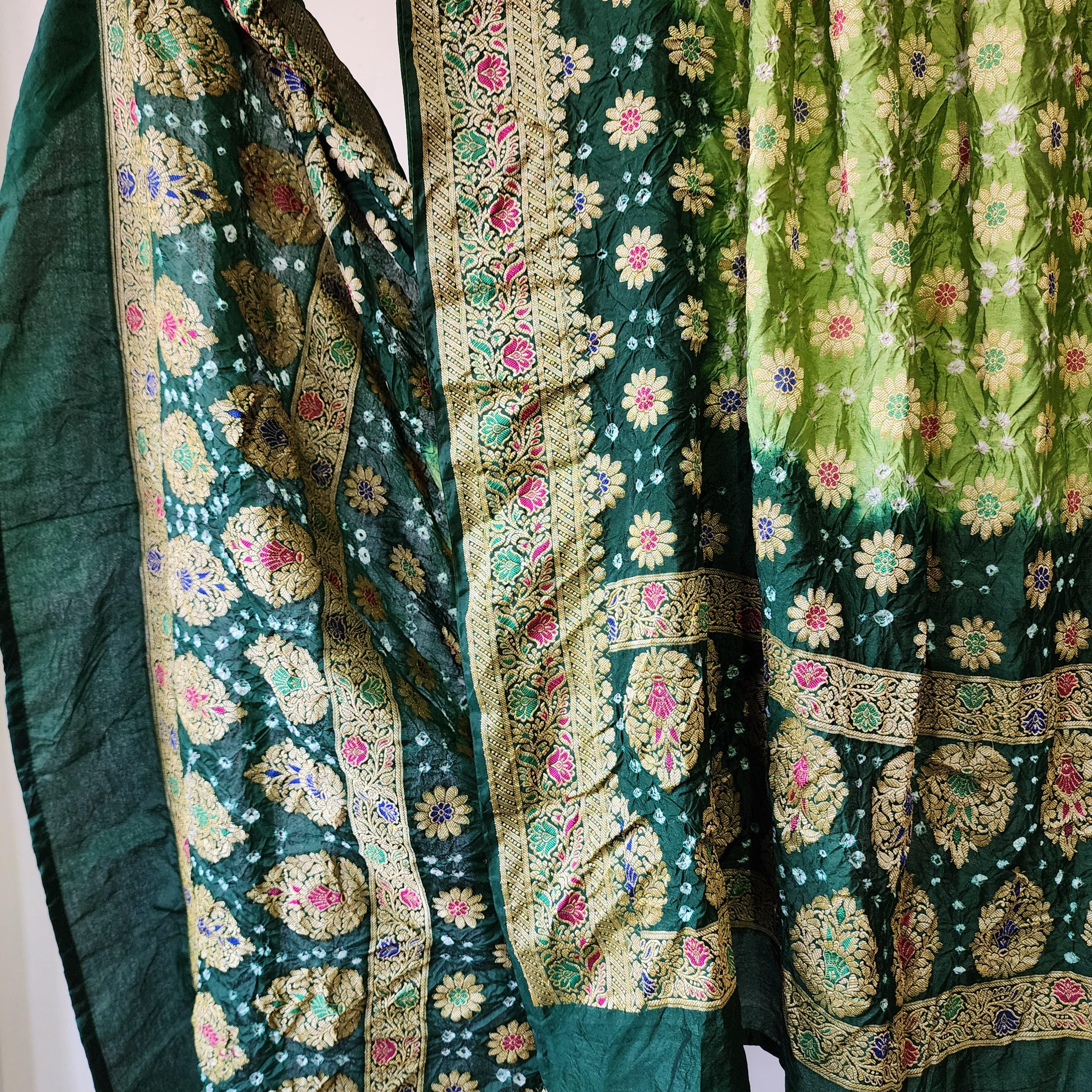 Dual-Tone Green Bandhni Dupatta with Golden Border & Banarasi Meenakari Work