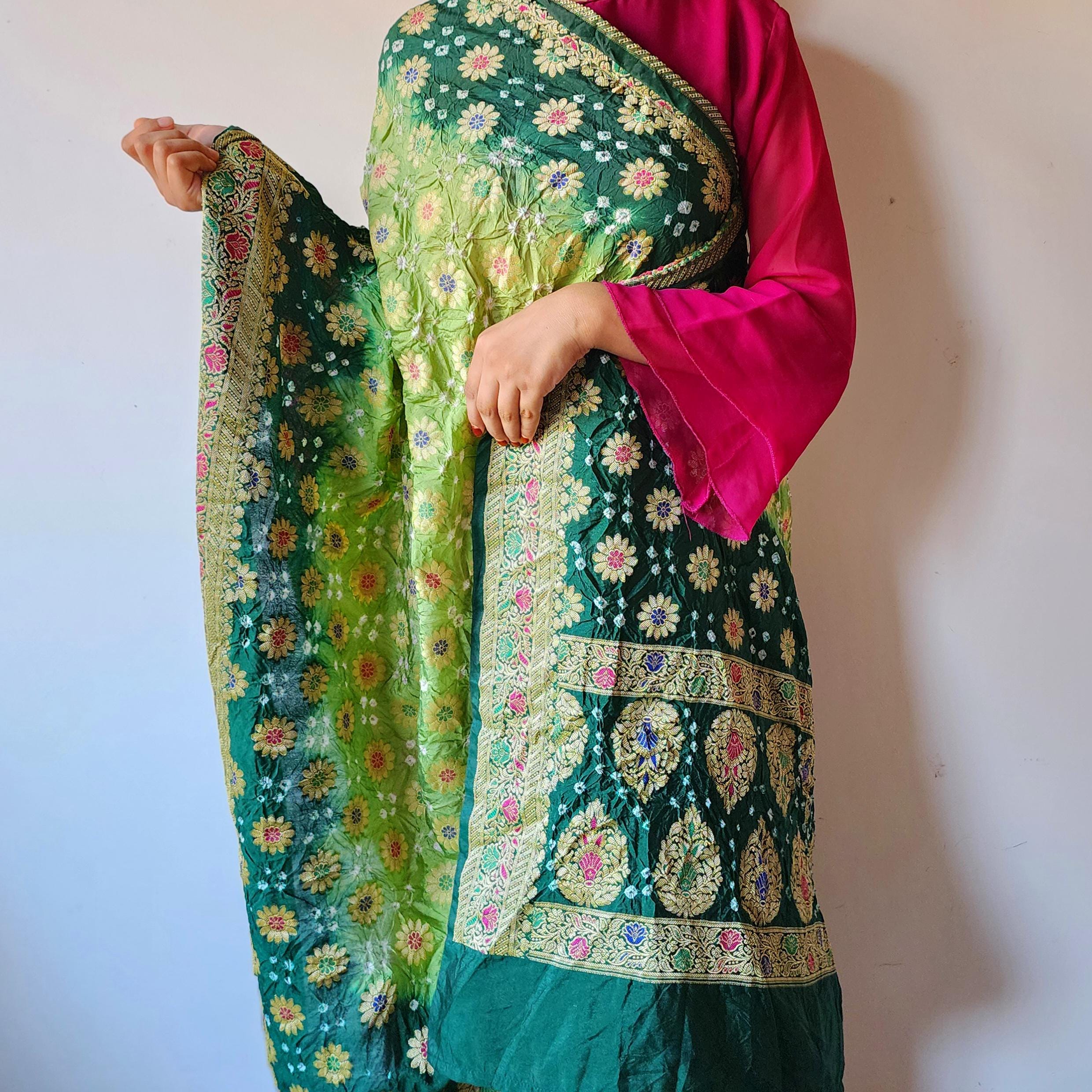 Dual-Tone Green Bandhni Dupatta with Golden Border & Banarasi Meenakari Work