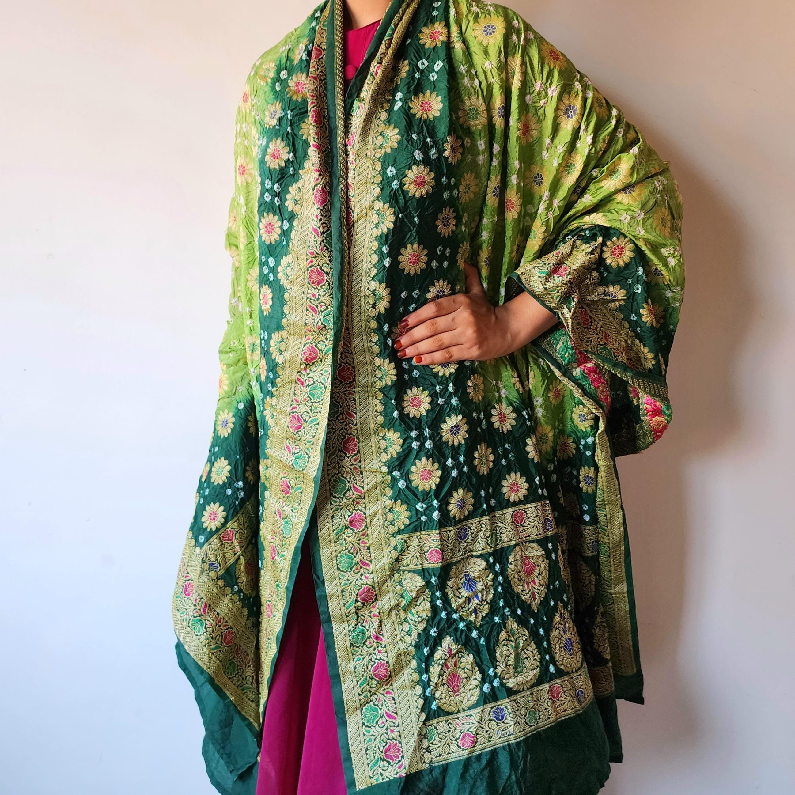 Dual-Tone Green Bandhni Dupatta with Golden Border & Banarasi Meenakari Work