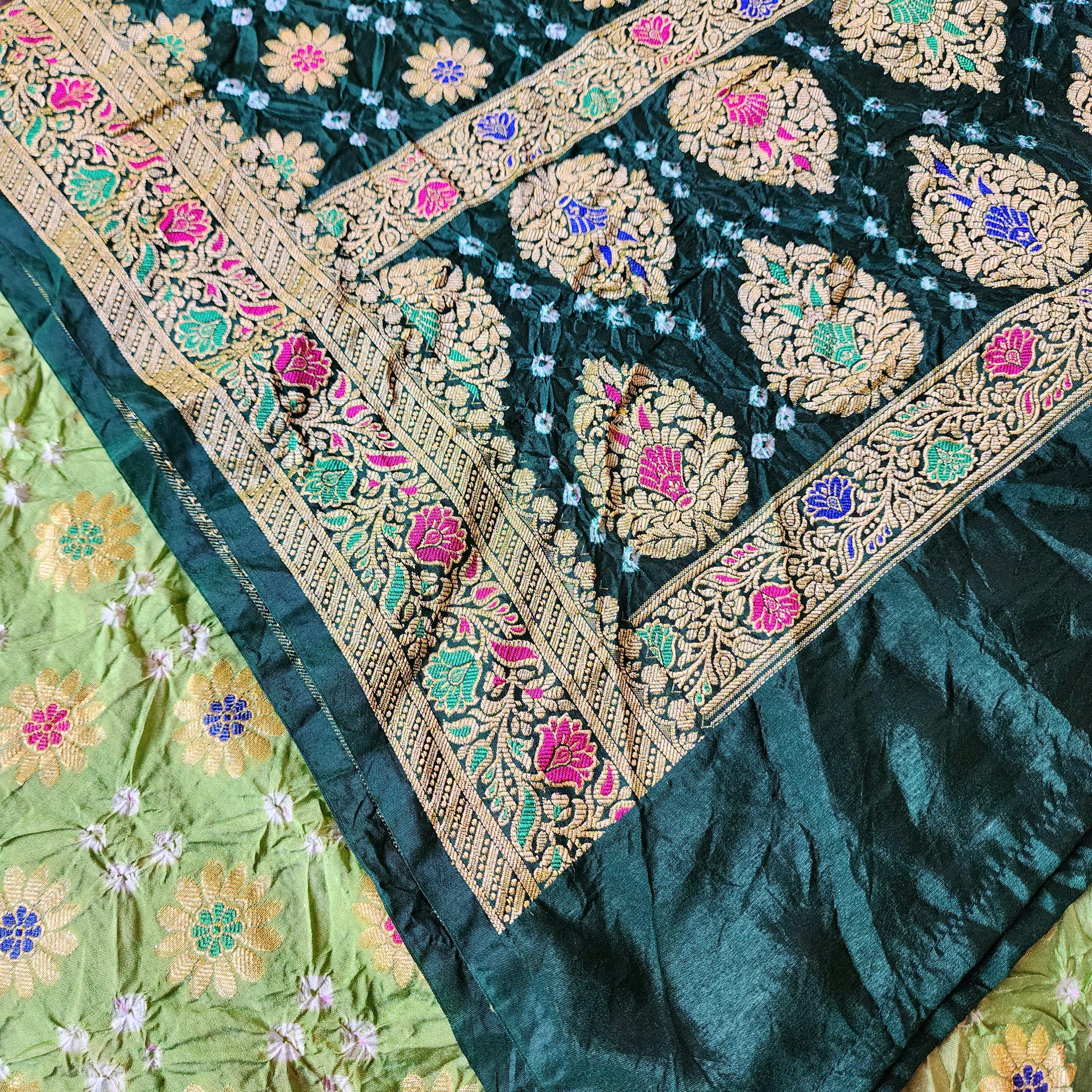 Dual-Tone Green Bandhni Dupatta with Golden Border & Banarasi Meenakari Work