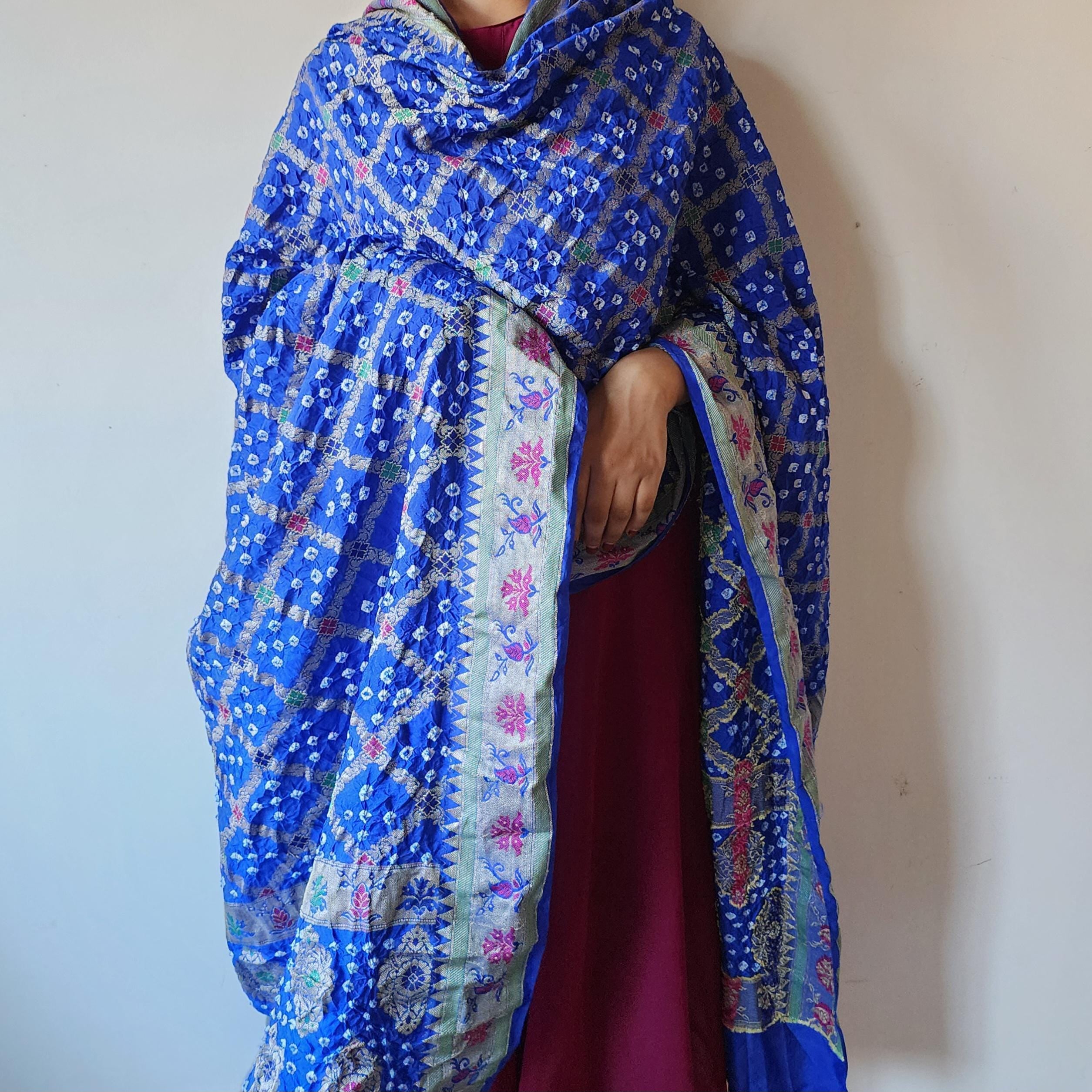 Royal Blue Bandhni Dupatta with Golden Border & Banarasi Meenakari Detailing