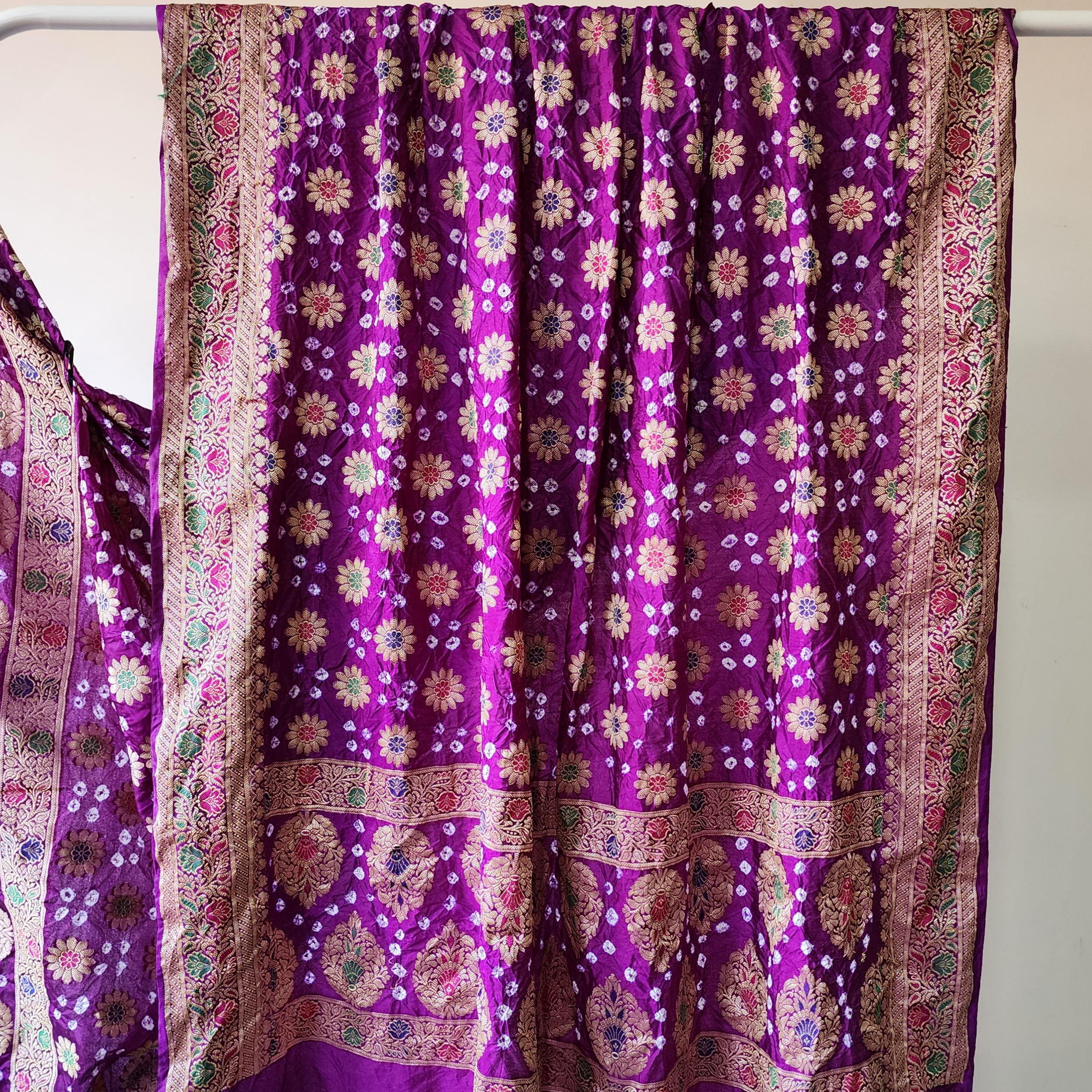 Royal Purple Bandhni Dupatta with Golden Zari Border & Banarasi Meenakari Motifs