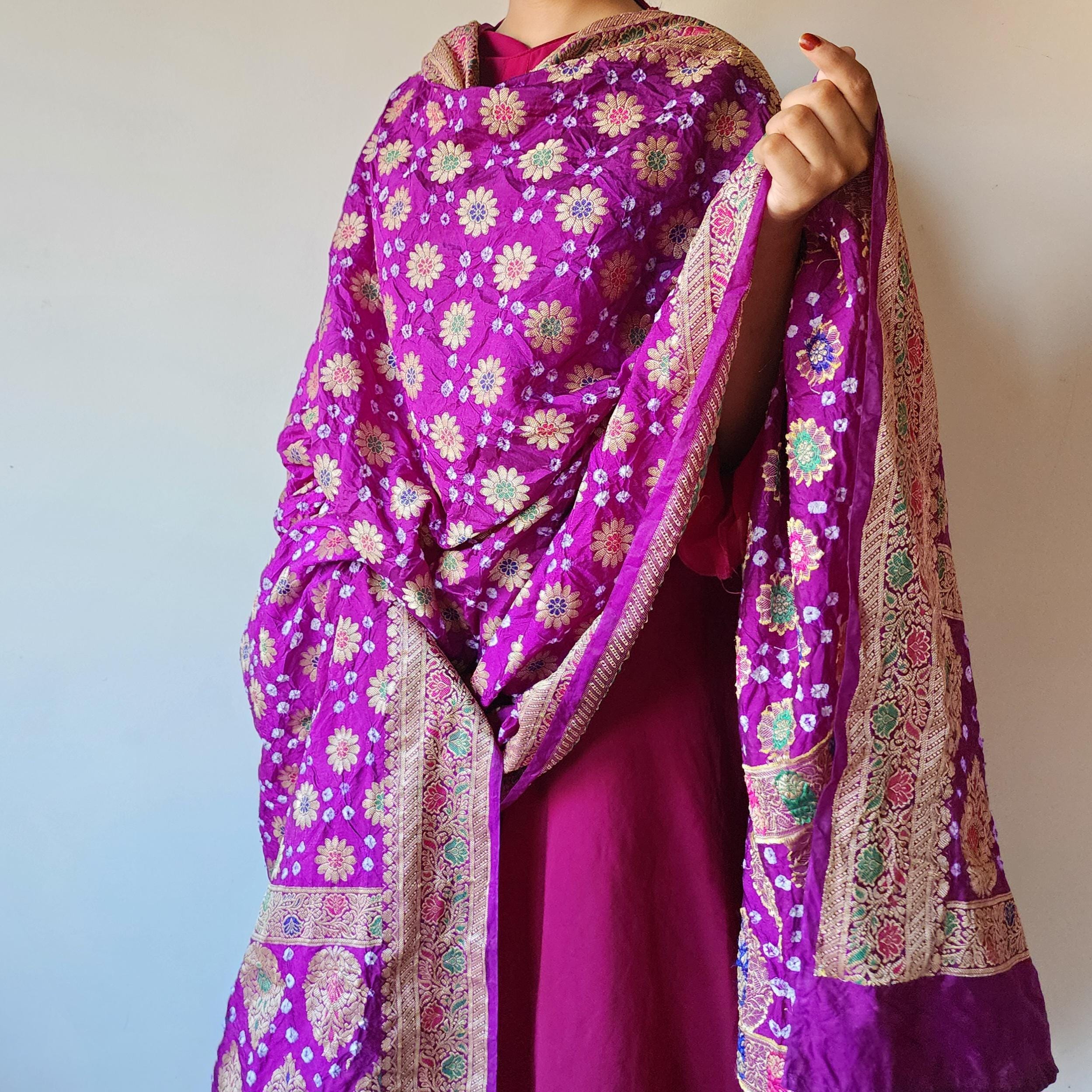 Royal Purple Bandhni Dupatta with Golden Zari Border & Banarasi Meenakari Motifs