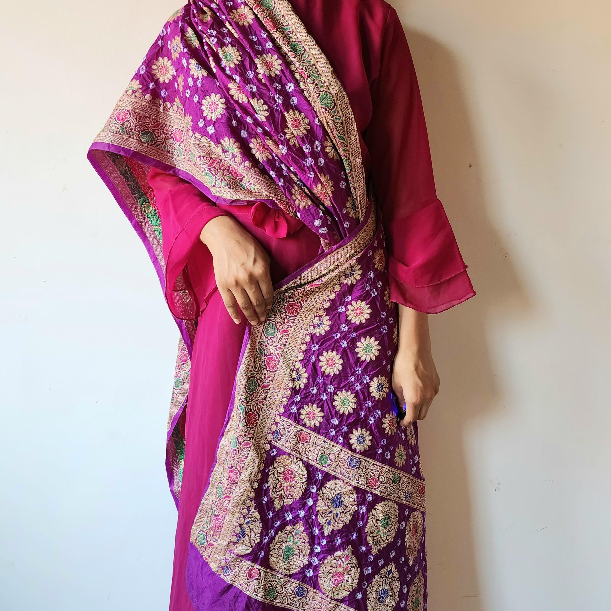 Royal Purple Bandhni Dupatta with Golden Zari Border & Banarasi Meenakari Motifs