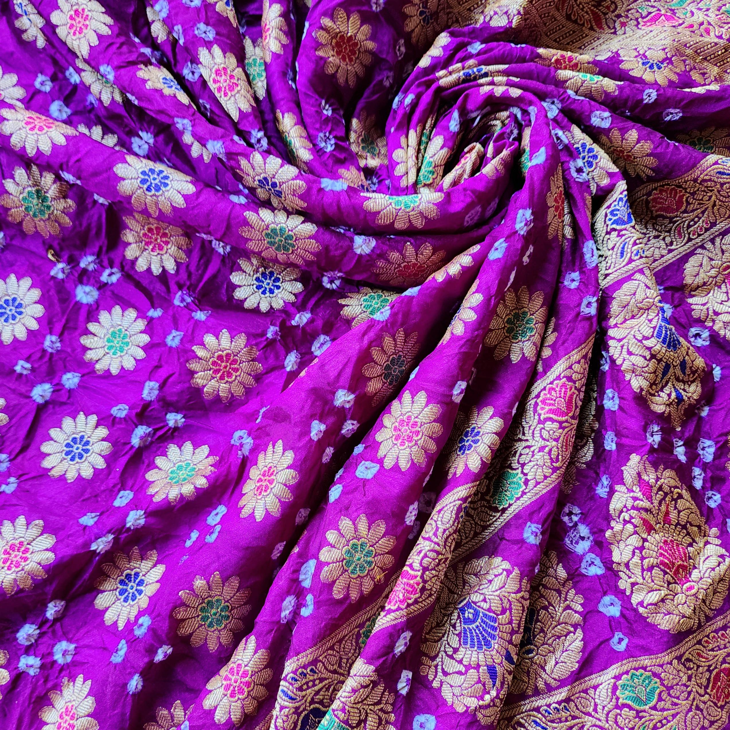 Royal Purple Bandhni Dupatta with Golden Zari Border & Banarasi Meenakari Motifs