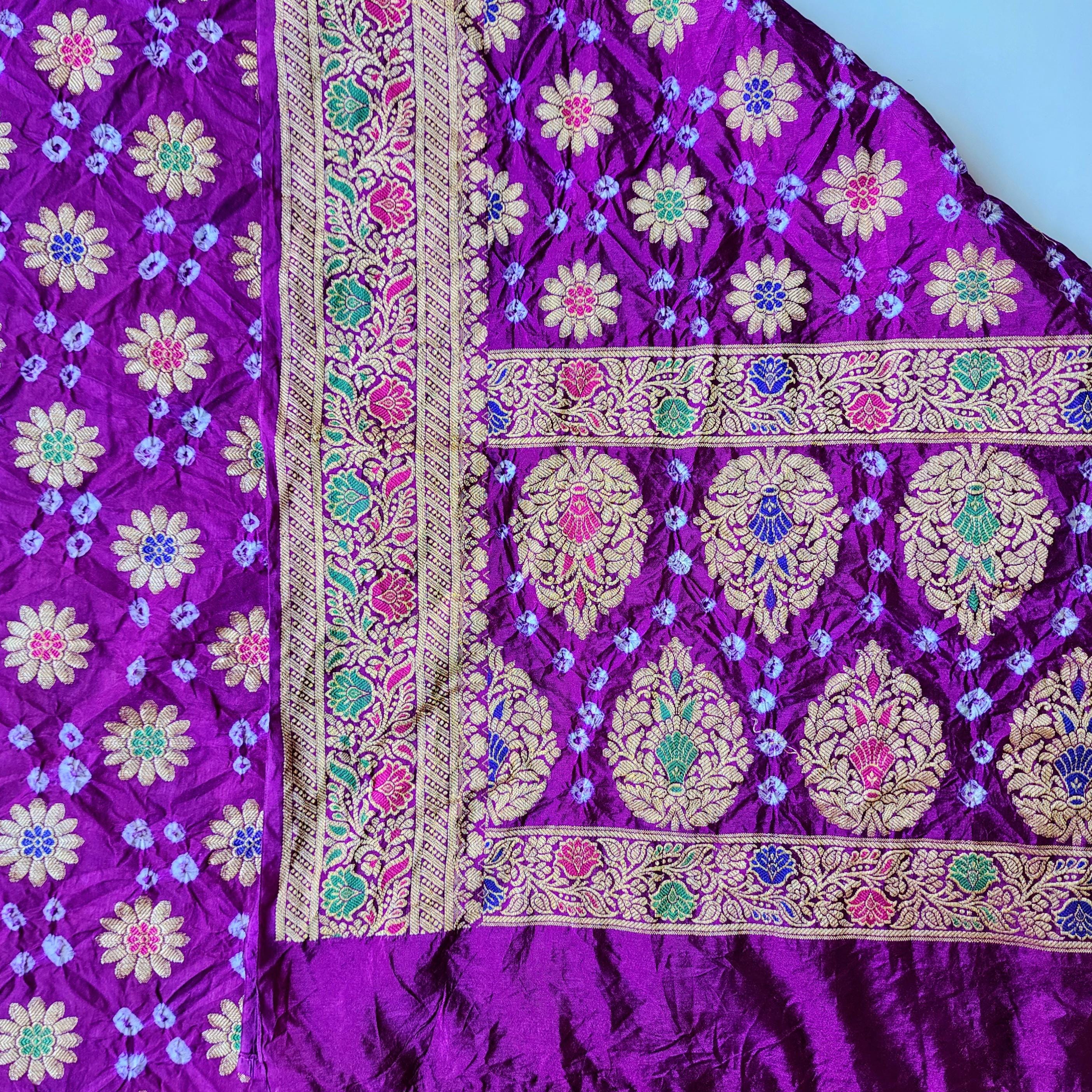 Royal Purple Bandhni Dupatta with Golden Zari Border & Banarasi Meenakari Motifs