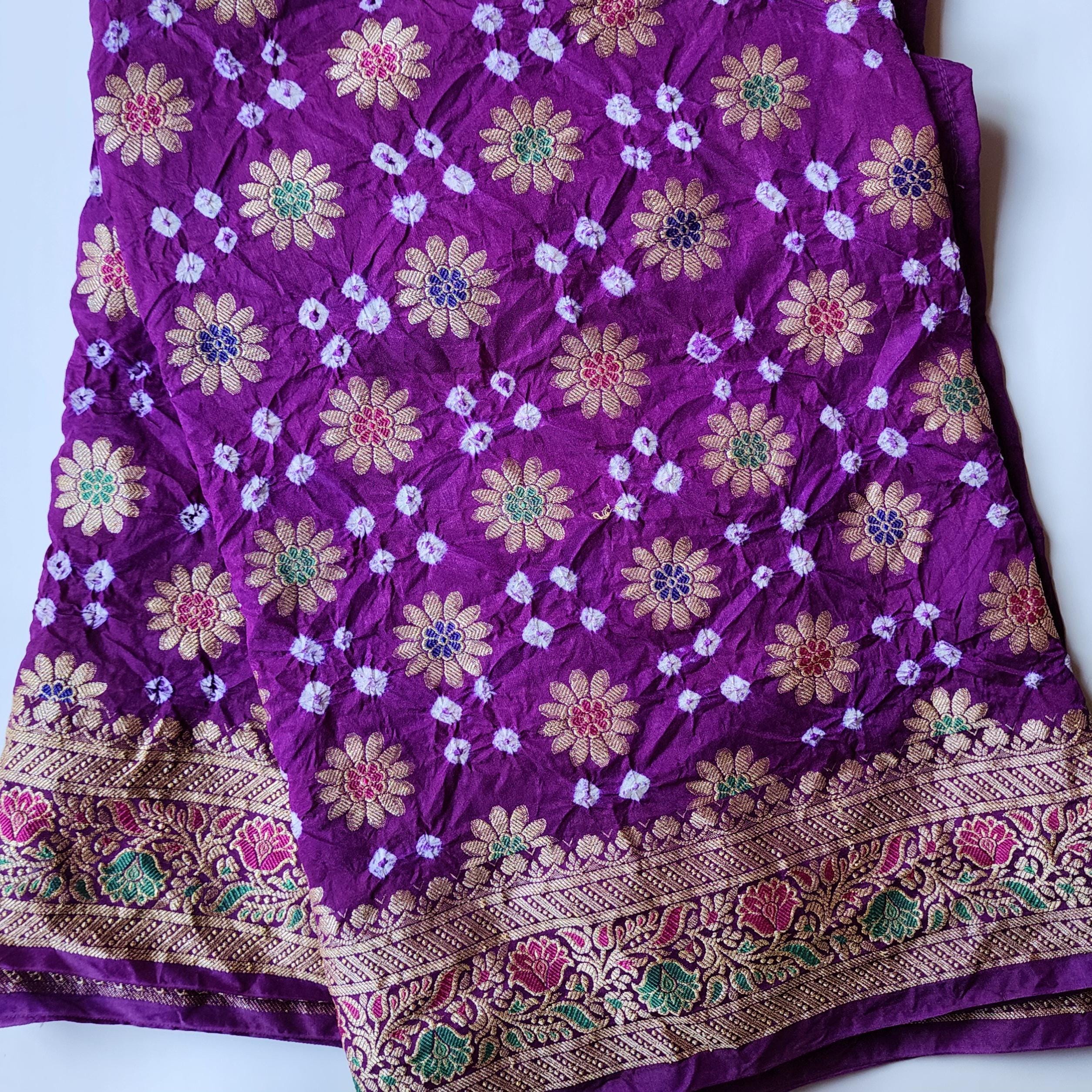 Royal Purple Bandhni Dupatta with Golden Zari Border & Banarasi Meenakari Motifs