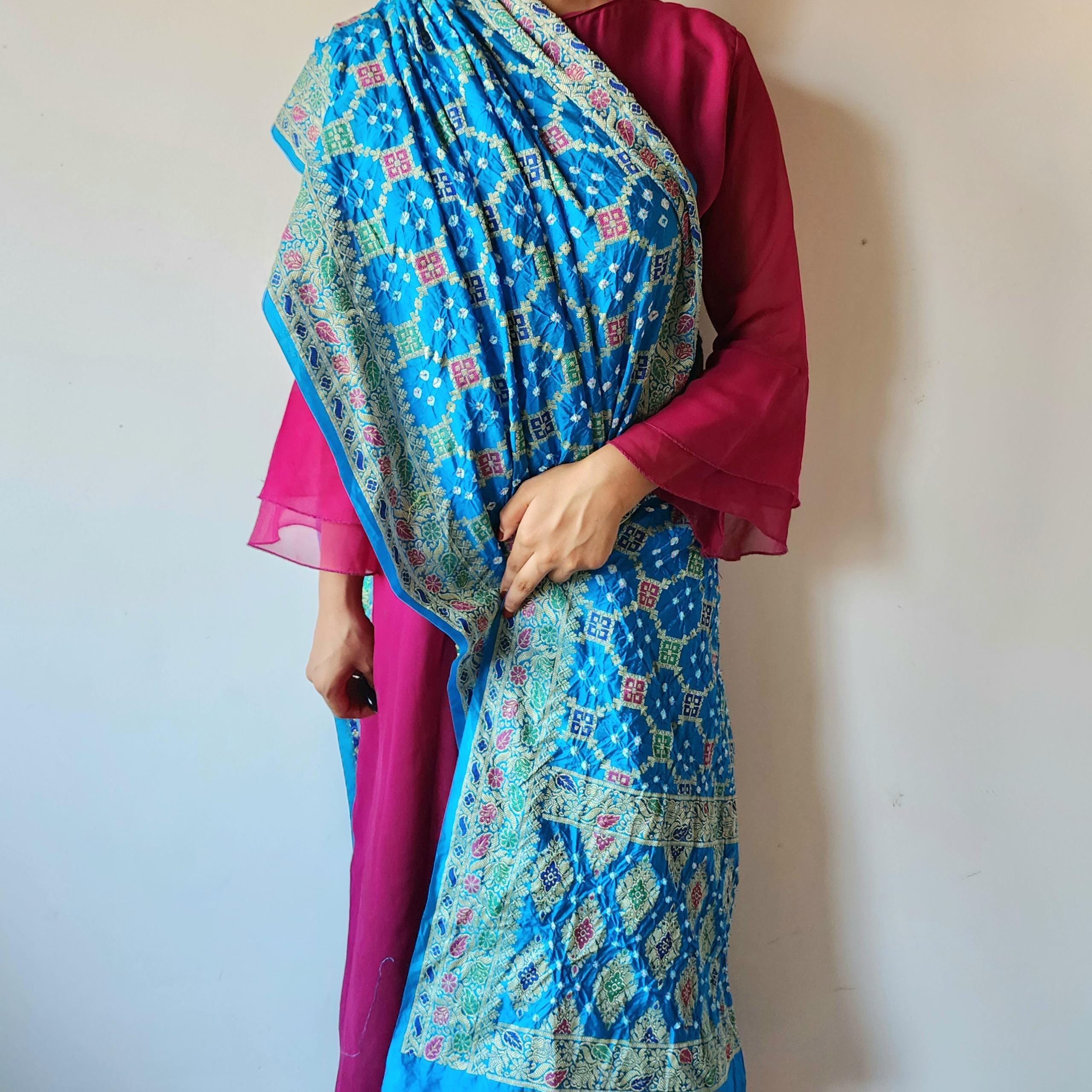 Sky Blue Bandhni Dupatta with Golden Border & Banarasi Meenakari Weave