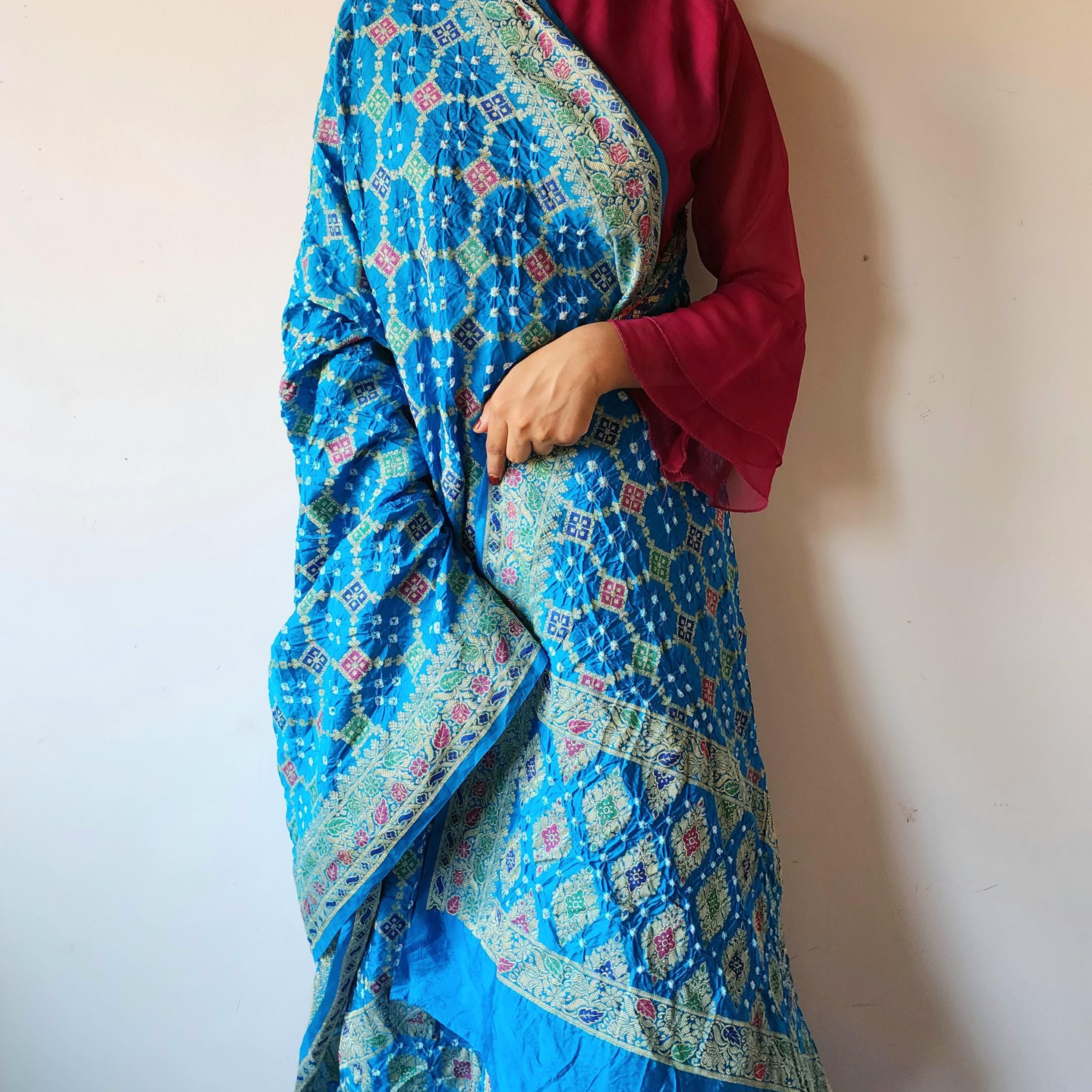 Sky Blue Bandhni Dupatta with Golden Border & Banarasi Meenakari Weave